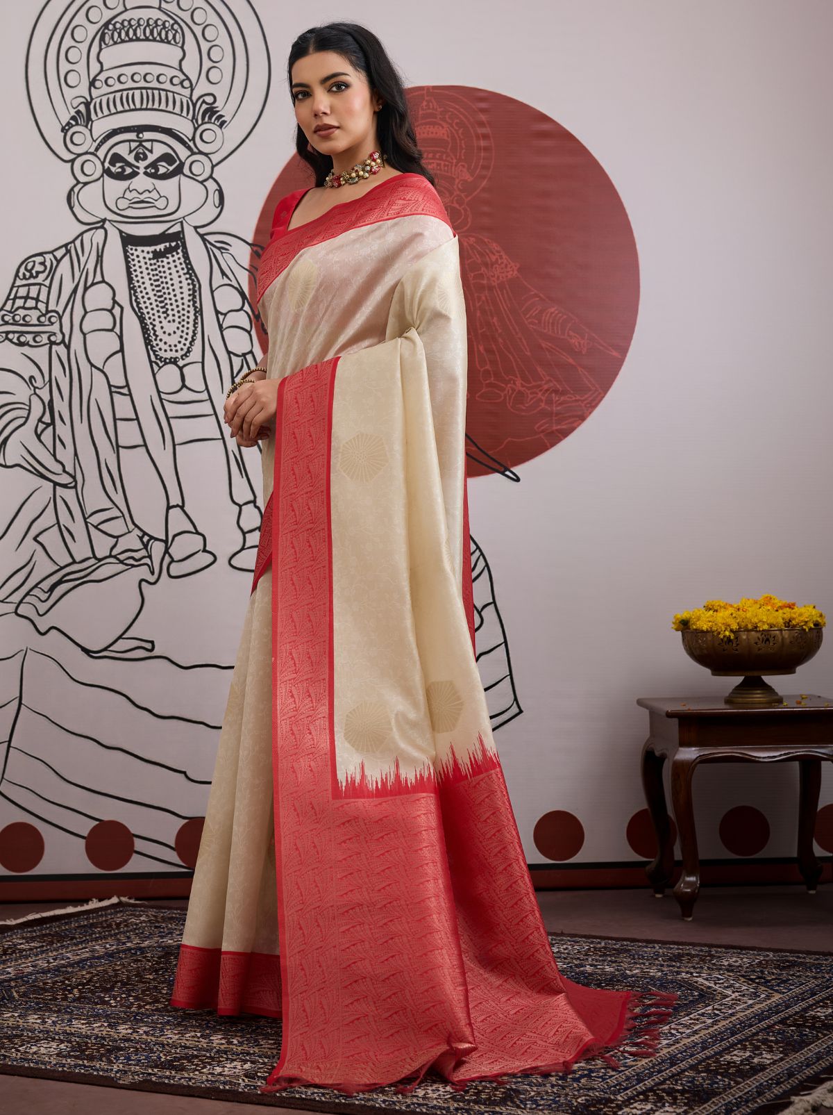 White-Red Pongal Saree With Soft Gold Zari Weaving