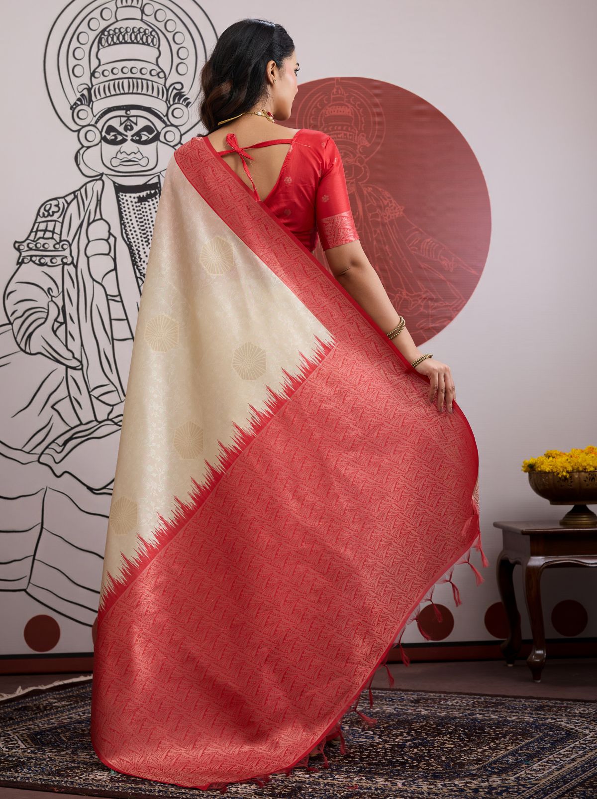 White-Red Pongal Saree With Soft Gold Zari Weaving