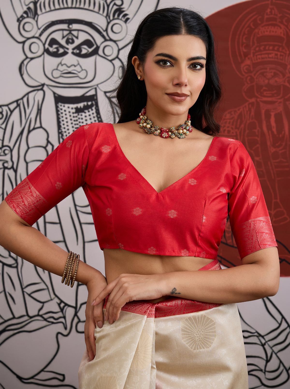 White-Red Pongal Saree With Soft Gold Zari Weaving