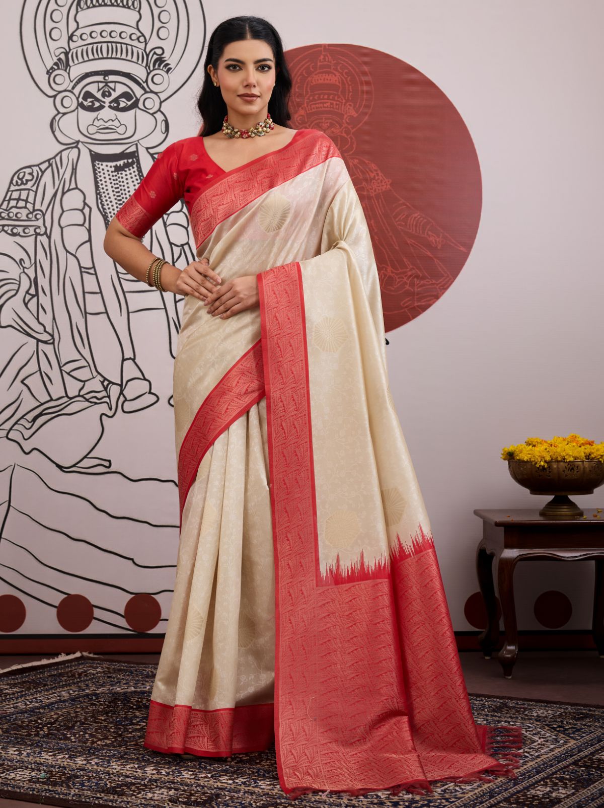 White-Red Pongal Saree With Soft Gold Zari Weaving