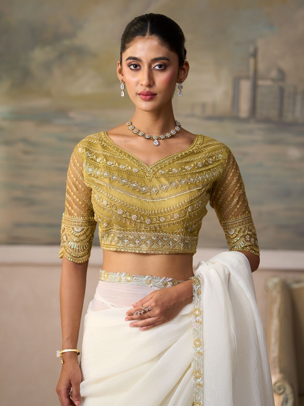White Regal Embroidered Saree & Net Blouse With Premium Base Liner