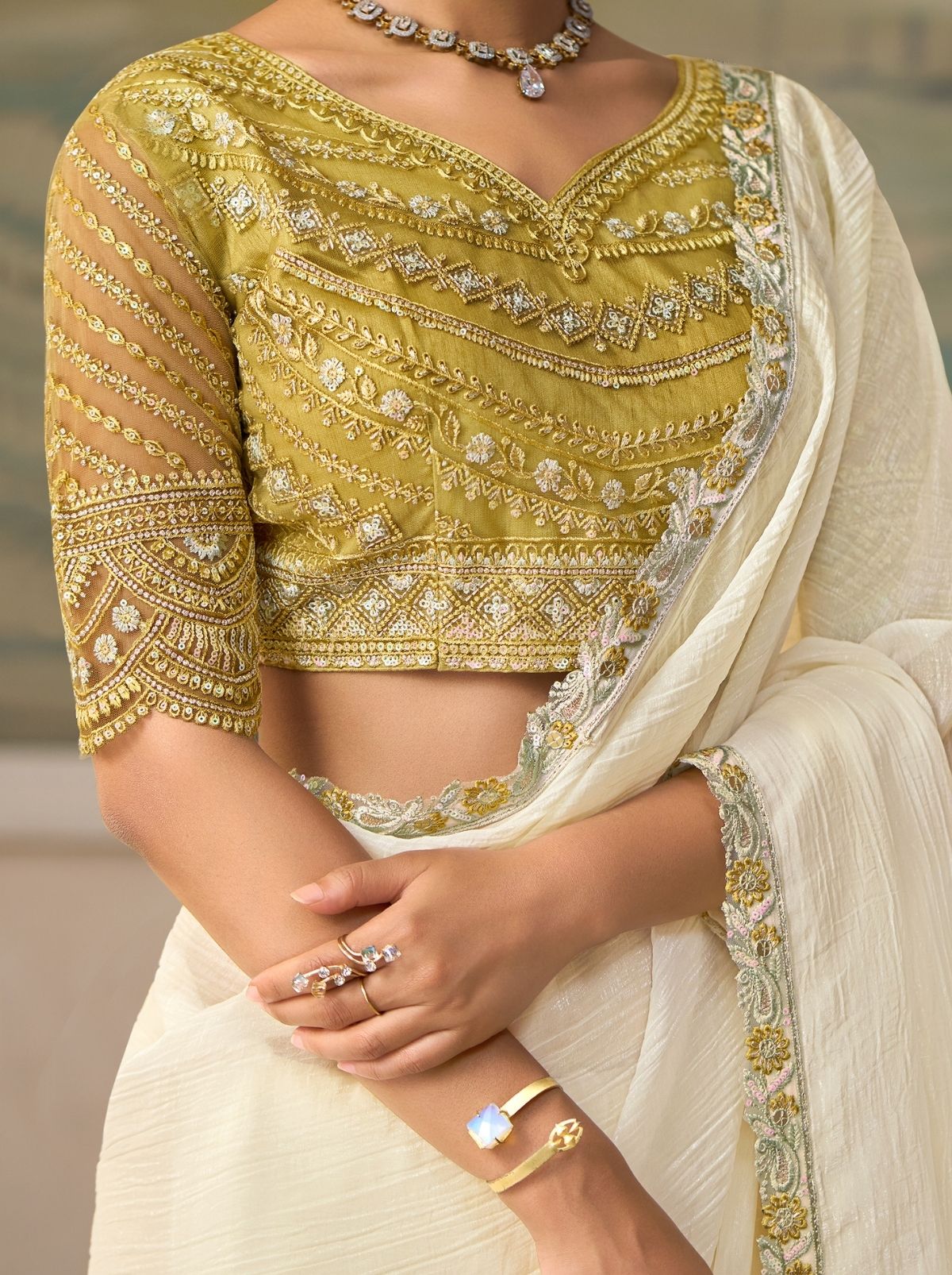 White Regal Embroidered Saree & Net Blouse With Premium Base Liner