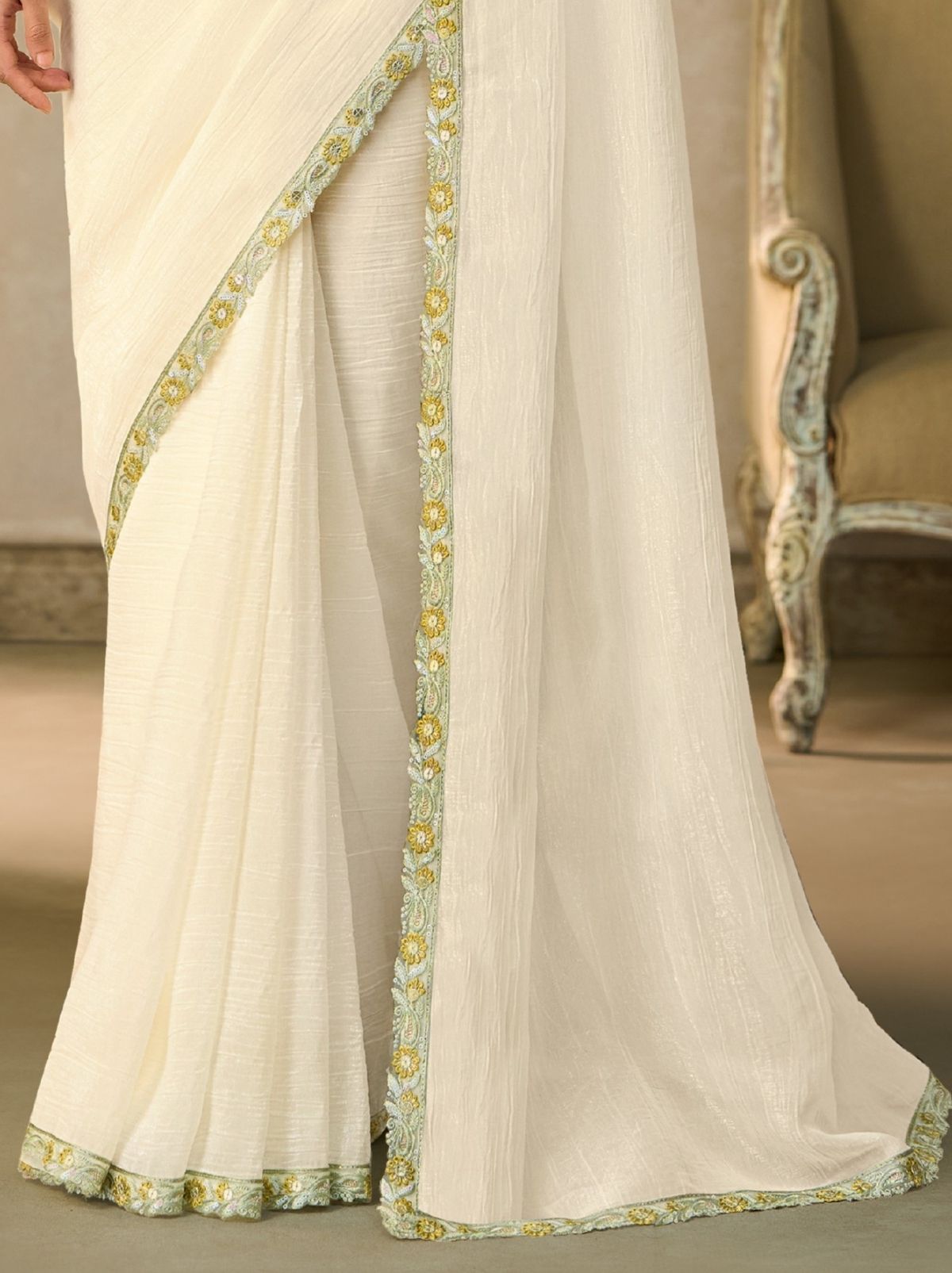 White Regal Embroidered Saree & Net Blouse With Premium Base Liner