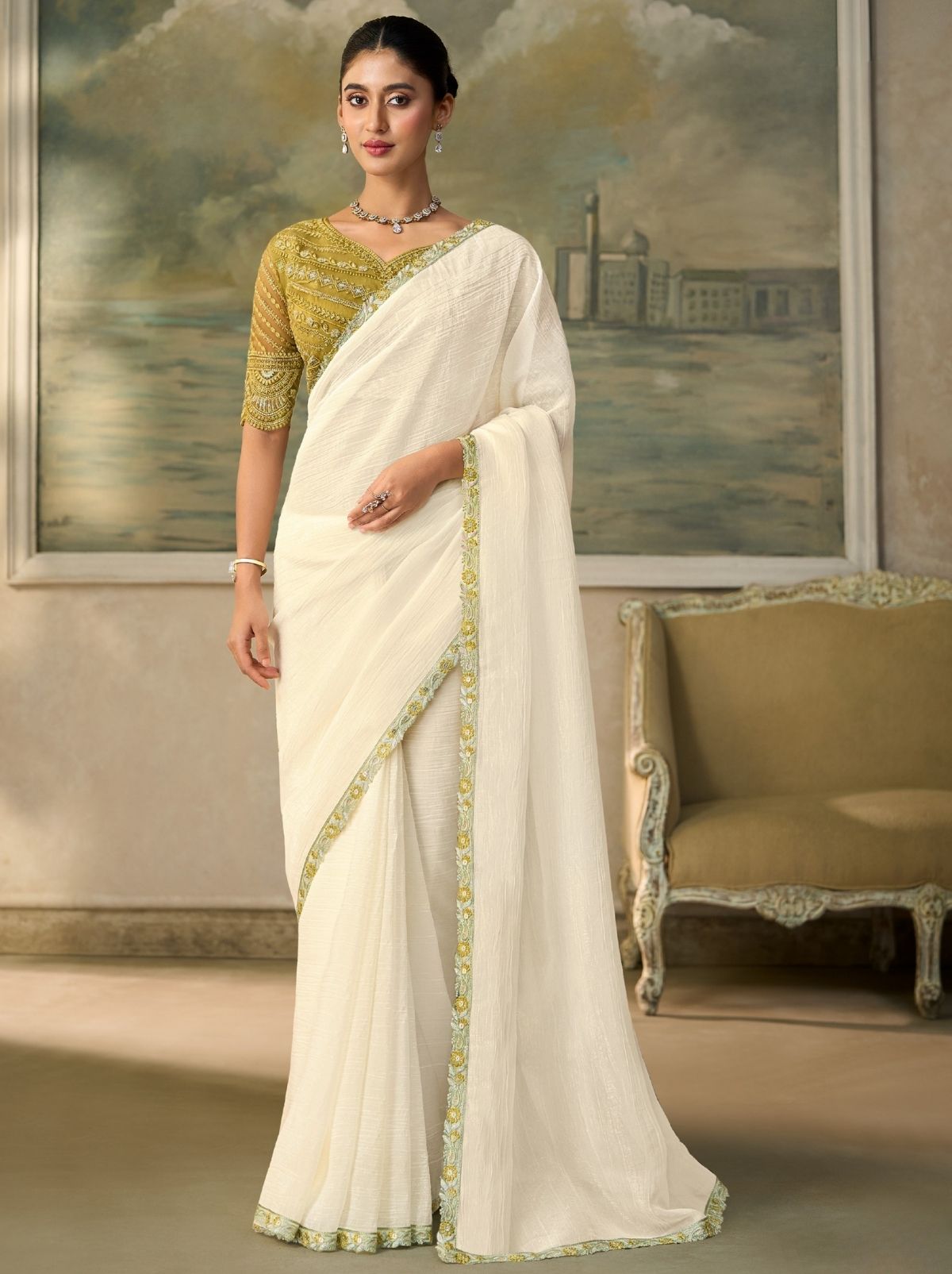 White Regal Embroidered Saree with Blouse Piece