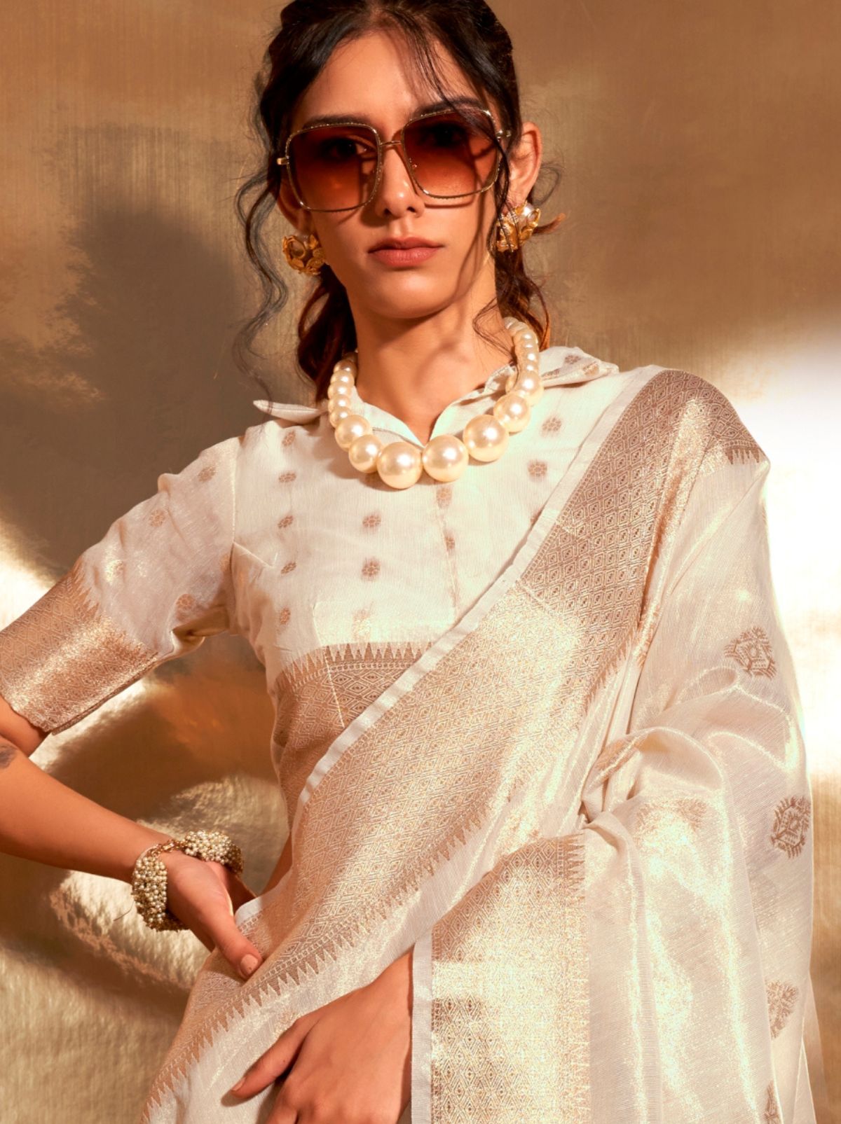 Bavarain Cream Paithani Tissue Silk Blended Saree - TrendOye