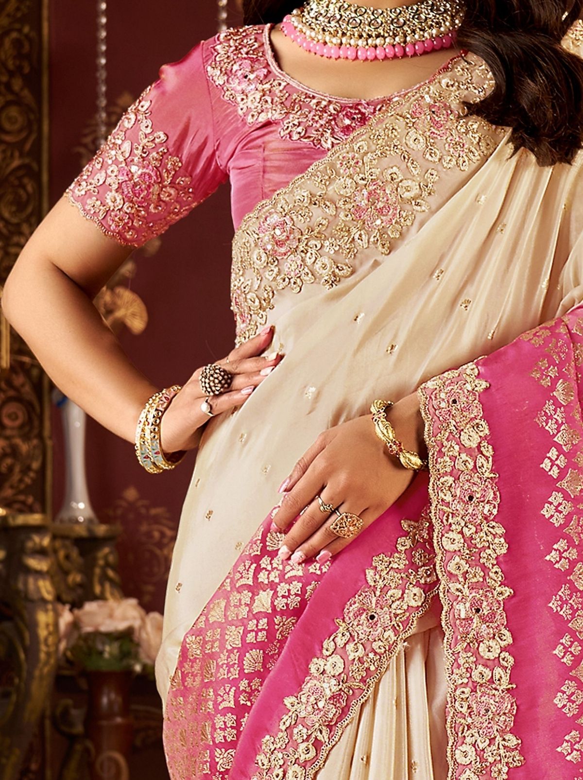 Cream Traditional Bridal Saree With Designer Blouse Piece