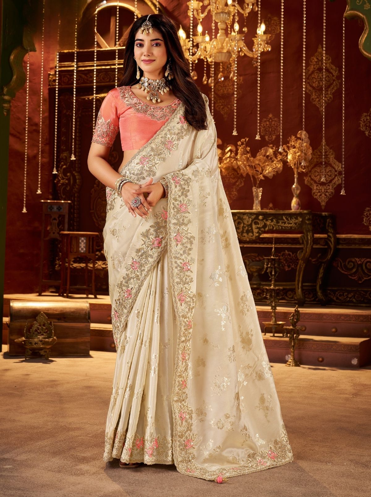 Ivory White Traditional Bridal Saree With Designer Blouse Piece