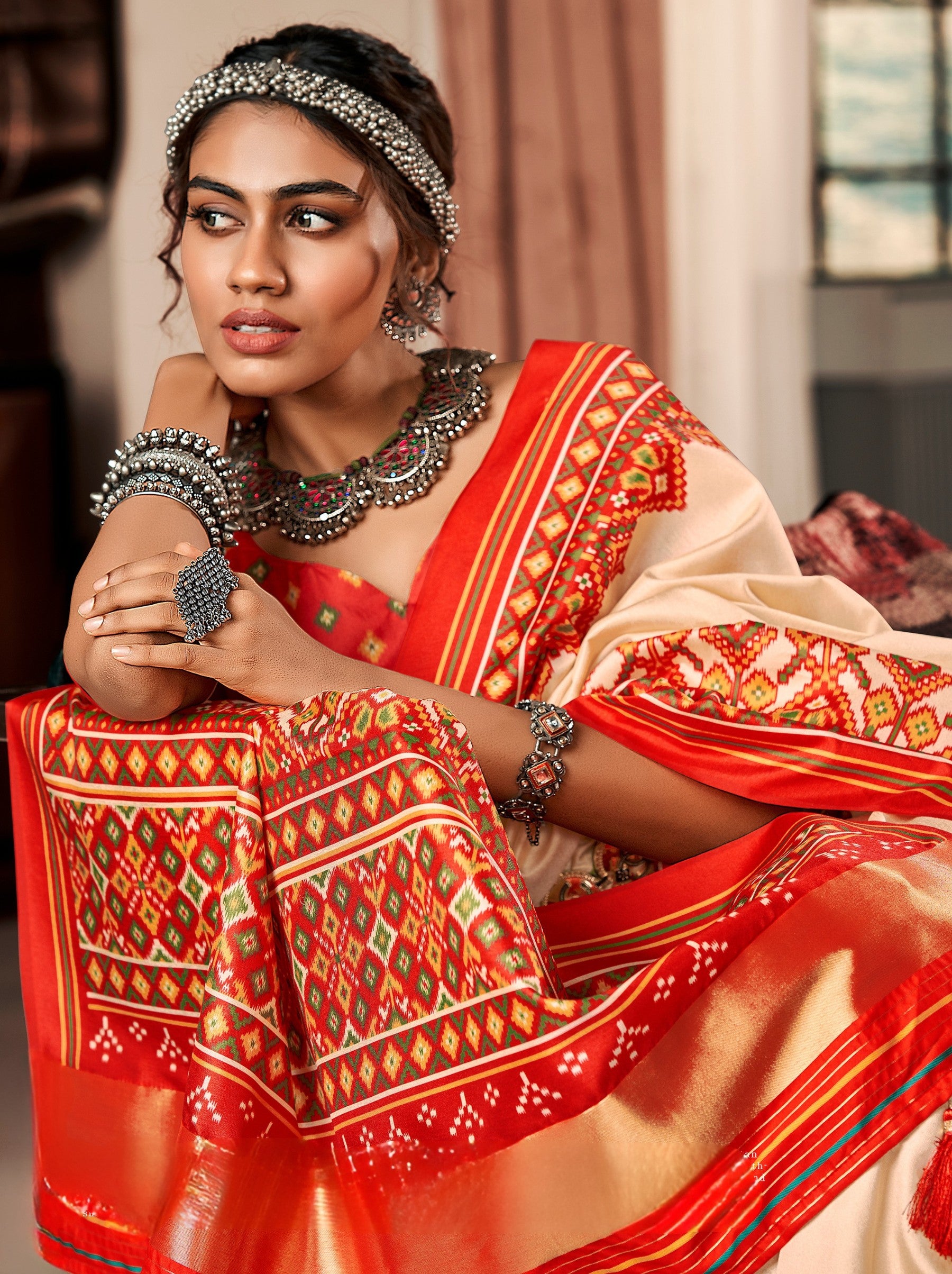 Cream White Patola Festive Saree - TrendOye