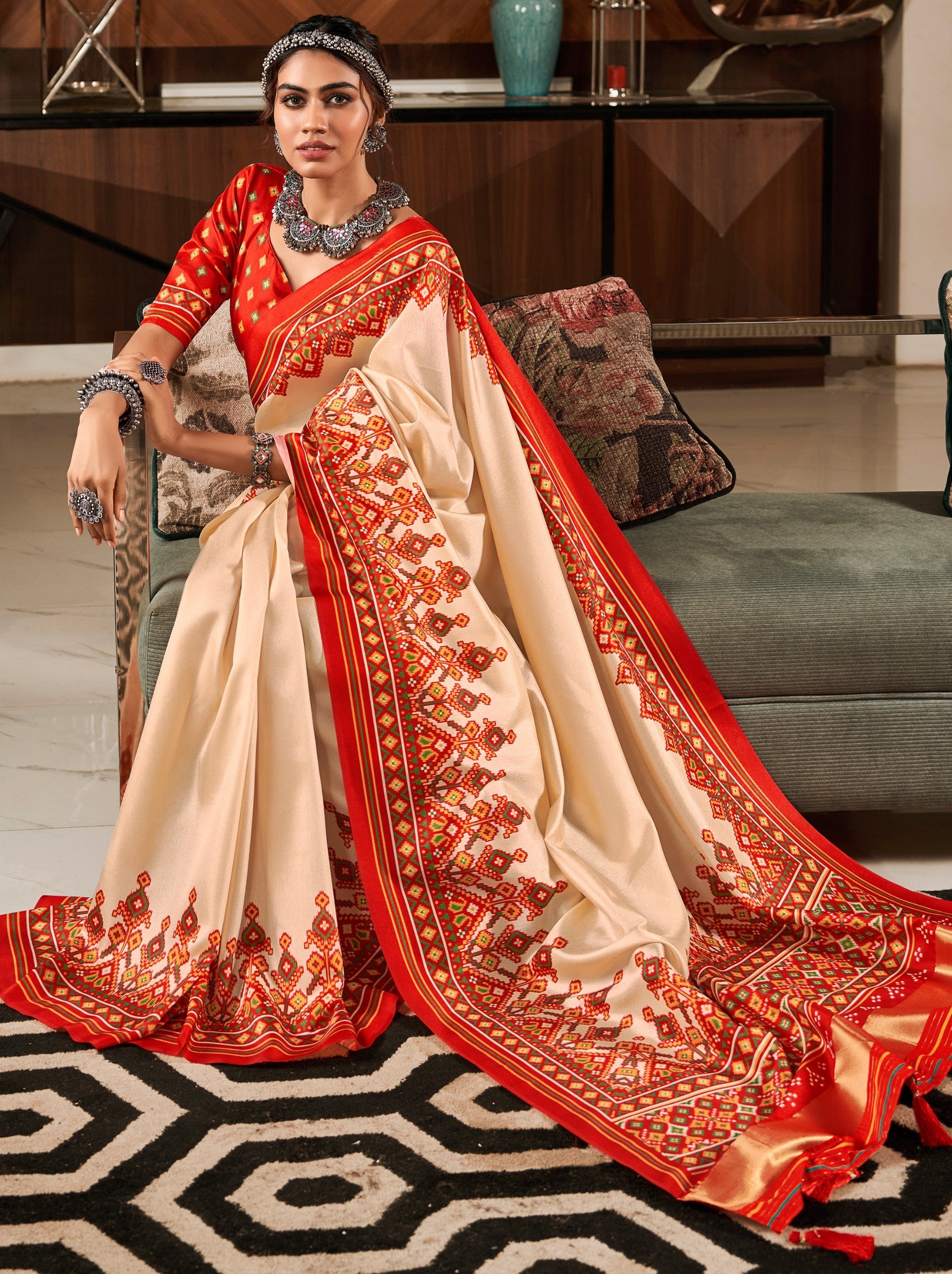 Cream White Patola Festive Saree - TrendOye