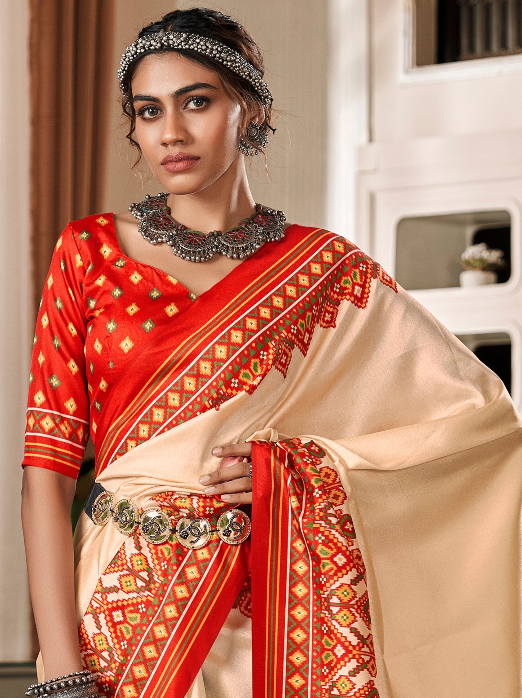 Cream White Patola Festive Saree - TrendOye