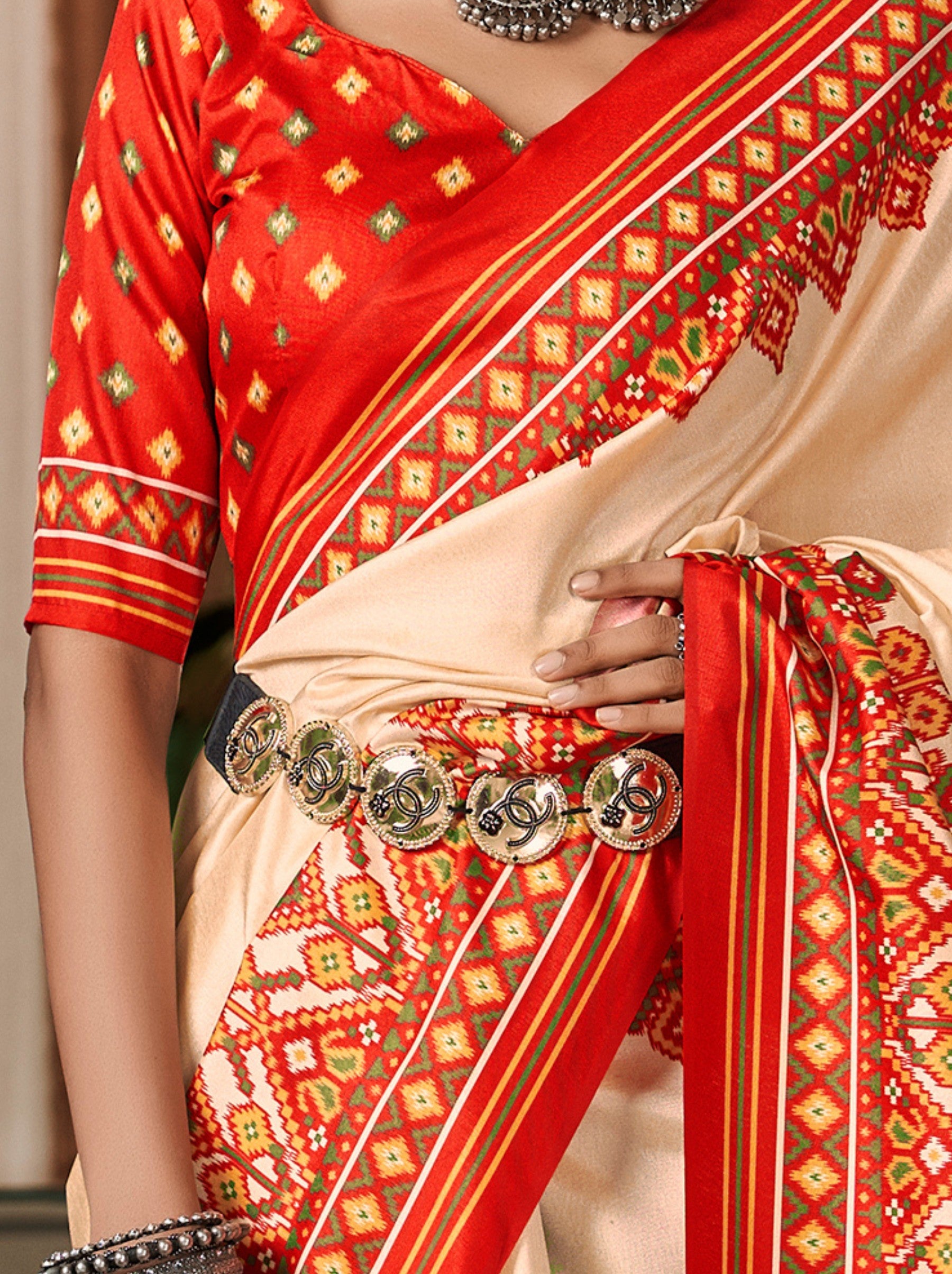 Cream White Patola Festive Saree - TrendOye
