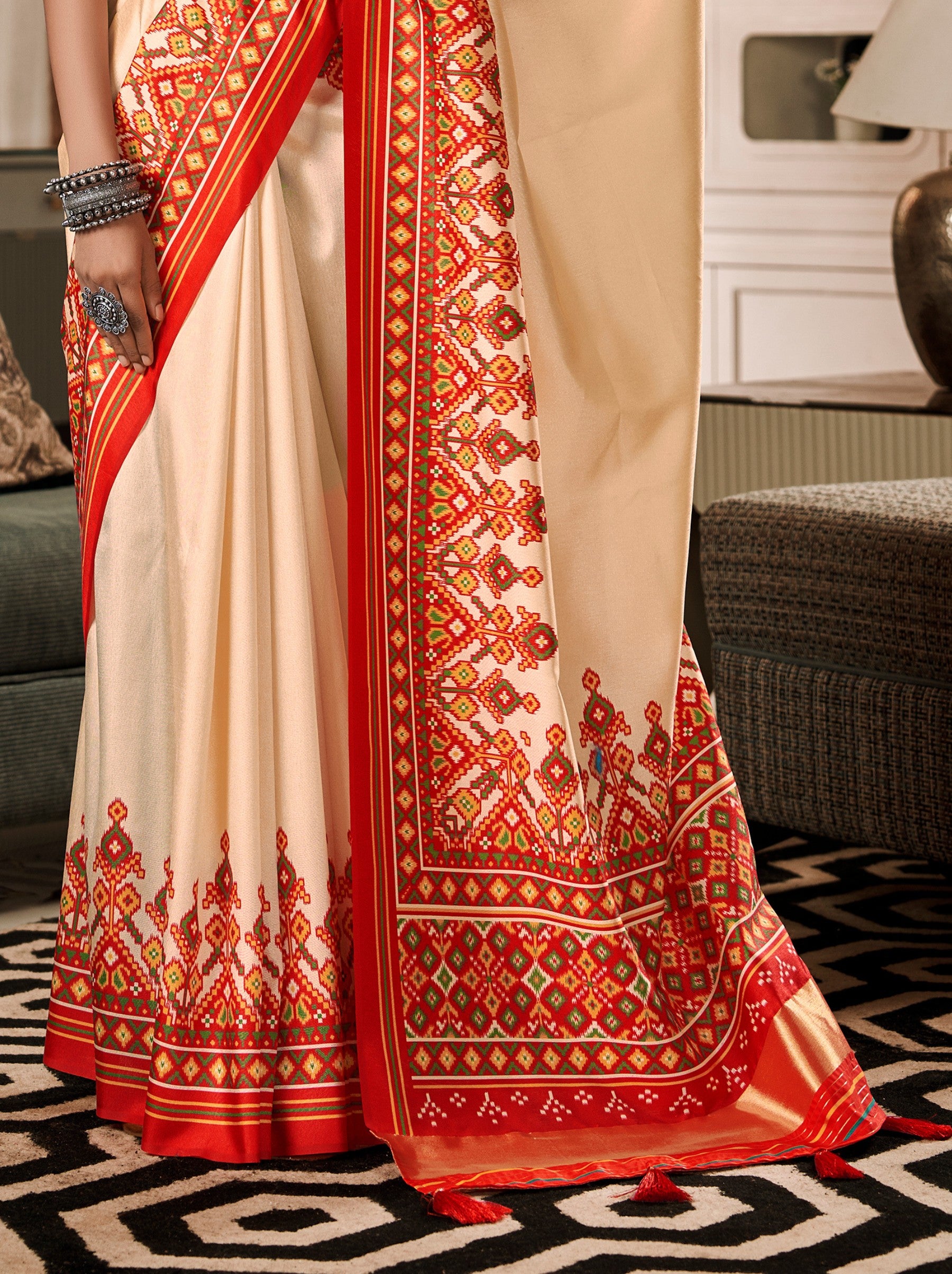Cream White Patola Festive Saree - TrendOye