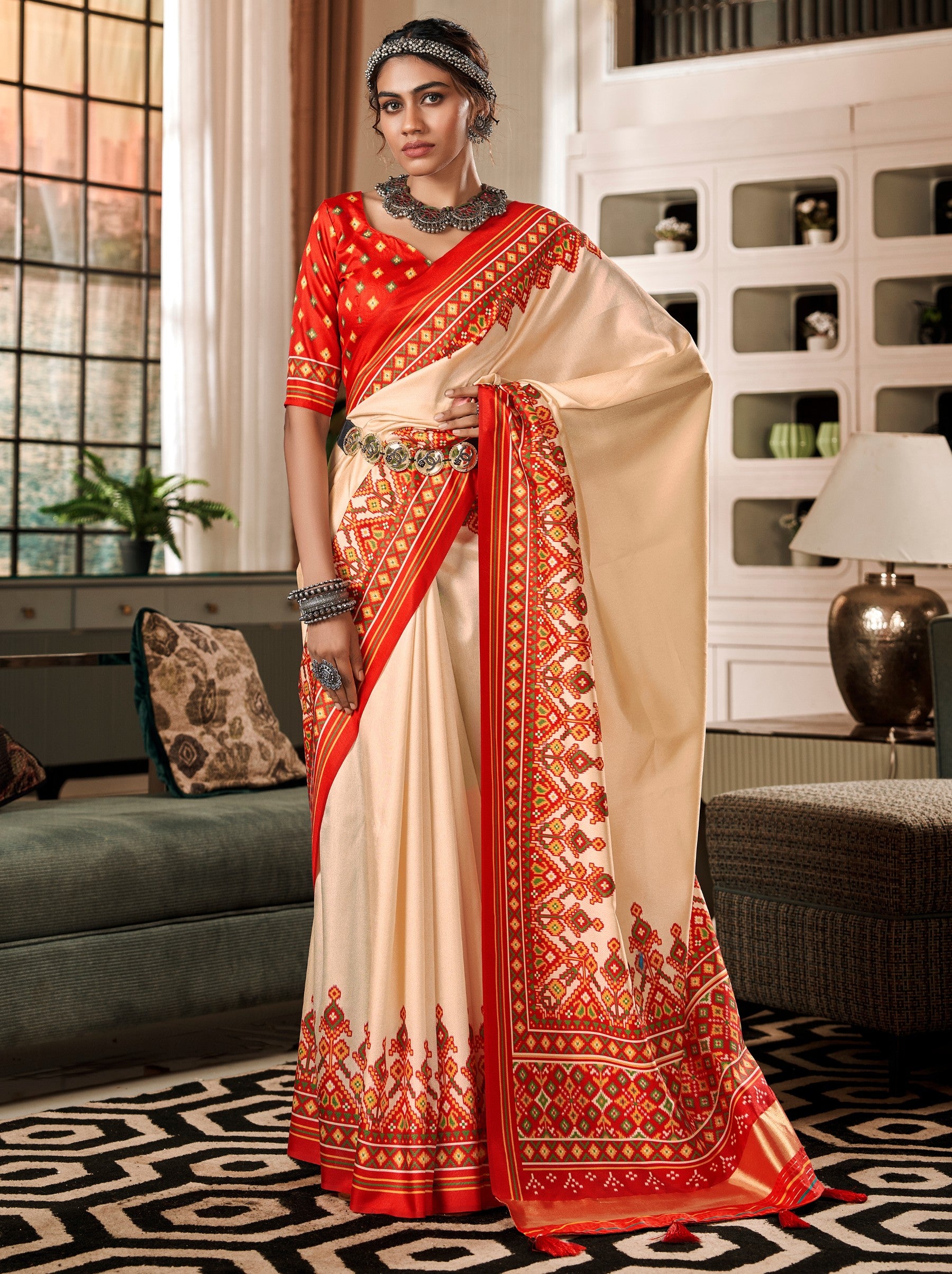 Cream White Patola Festive Saree - TrendOye