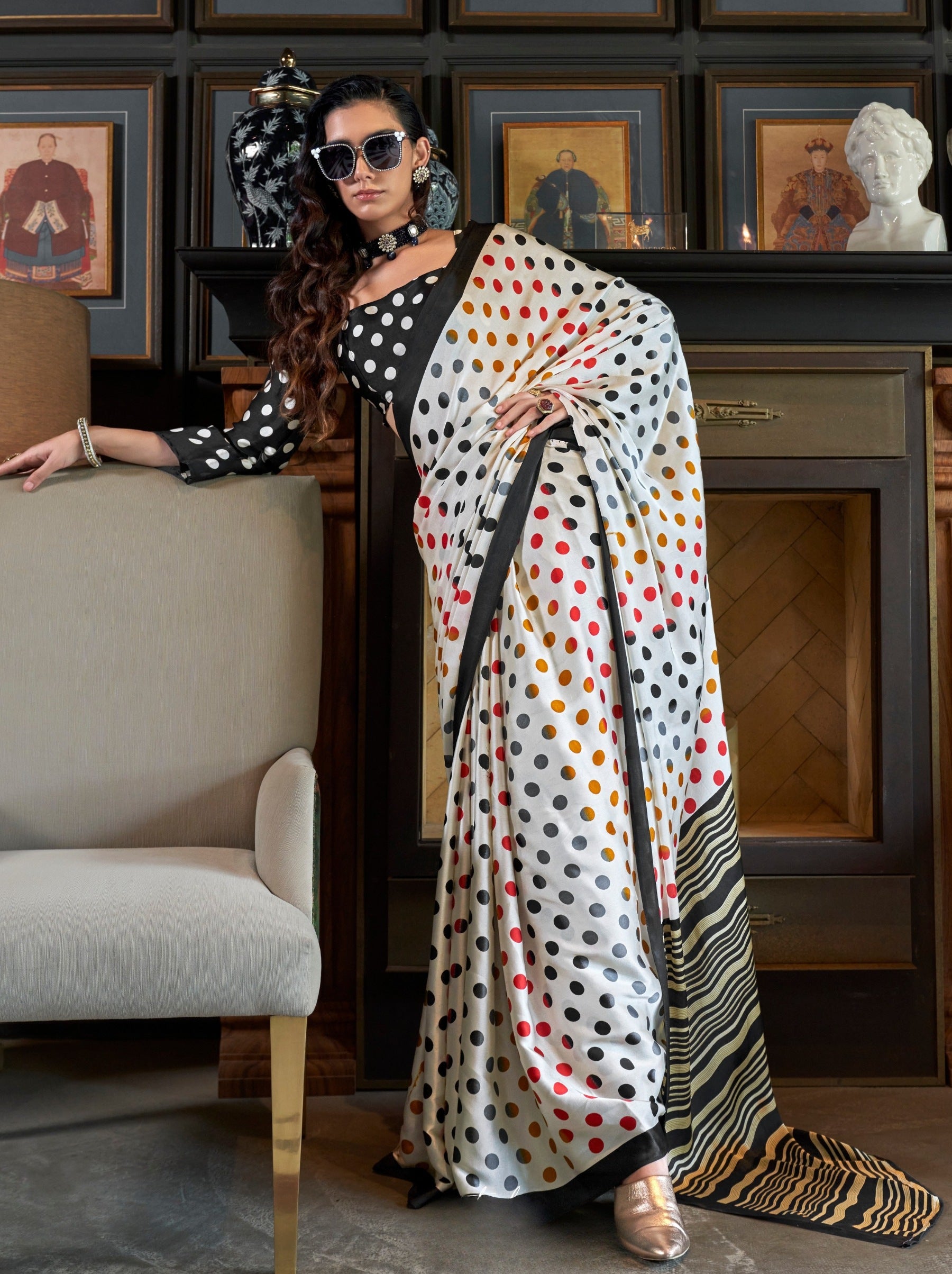 White Satin Crepe Patola Party Saree - TrendOye