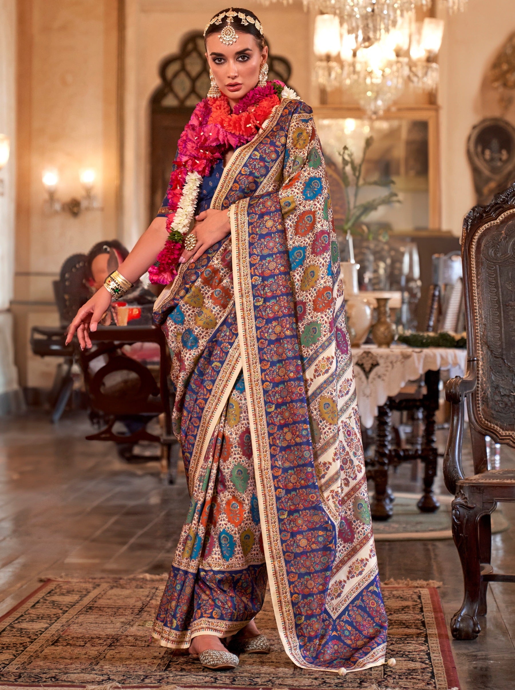 White Fancy Silk Party Saree - TrendOye