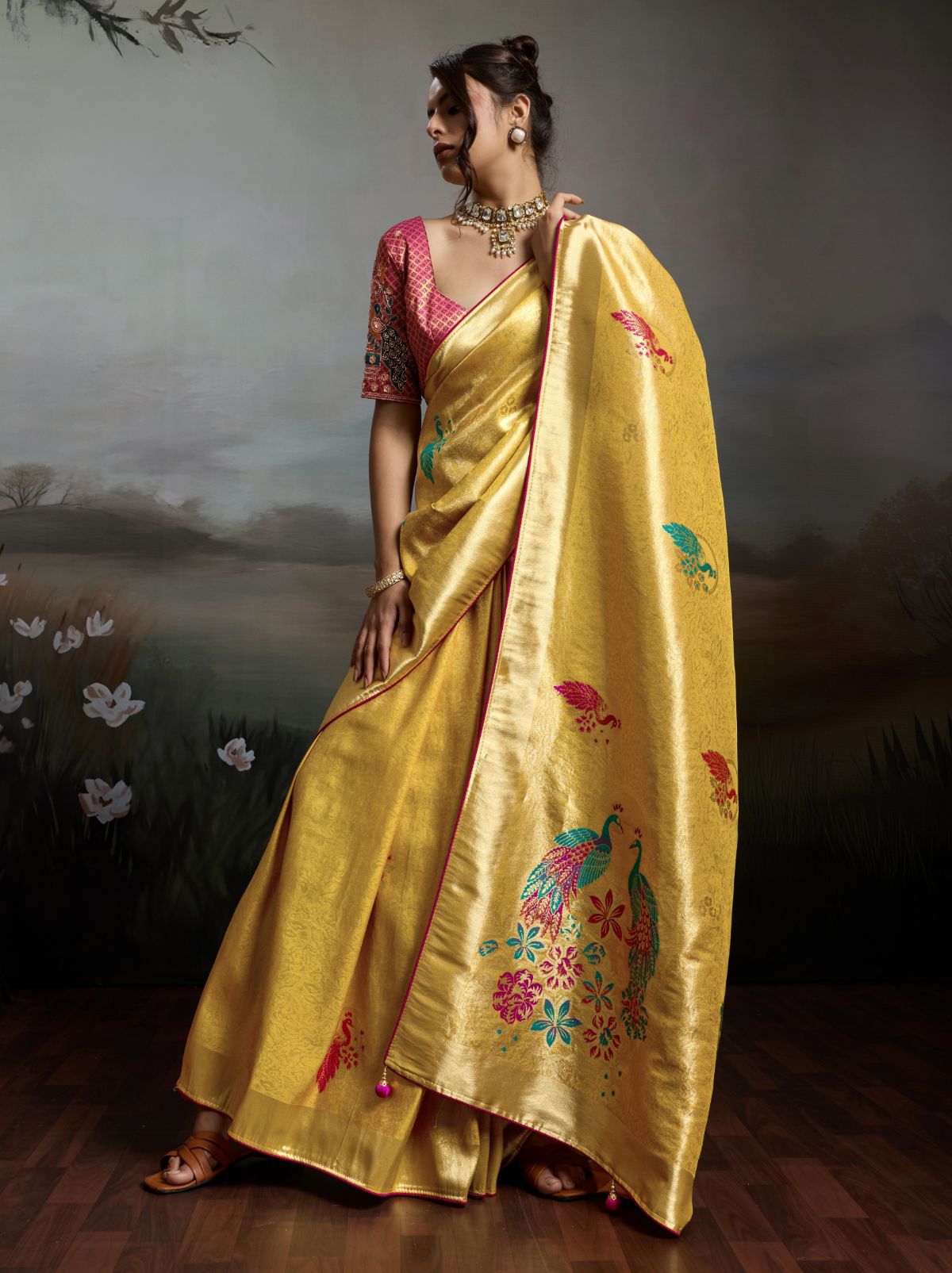 Golden Yellow Banarasi Silk Festive Saree With Embroidery Work