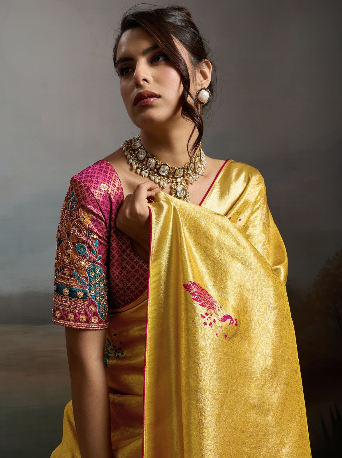 Golden Yellow Banarasi Silk Festive Saree With Embroidery Work