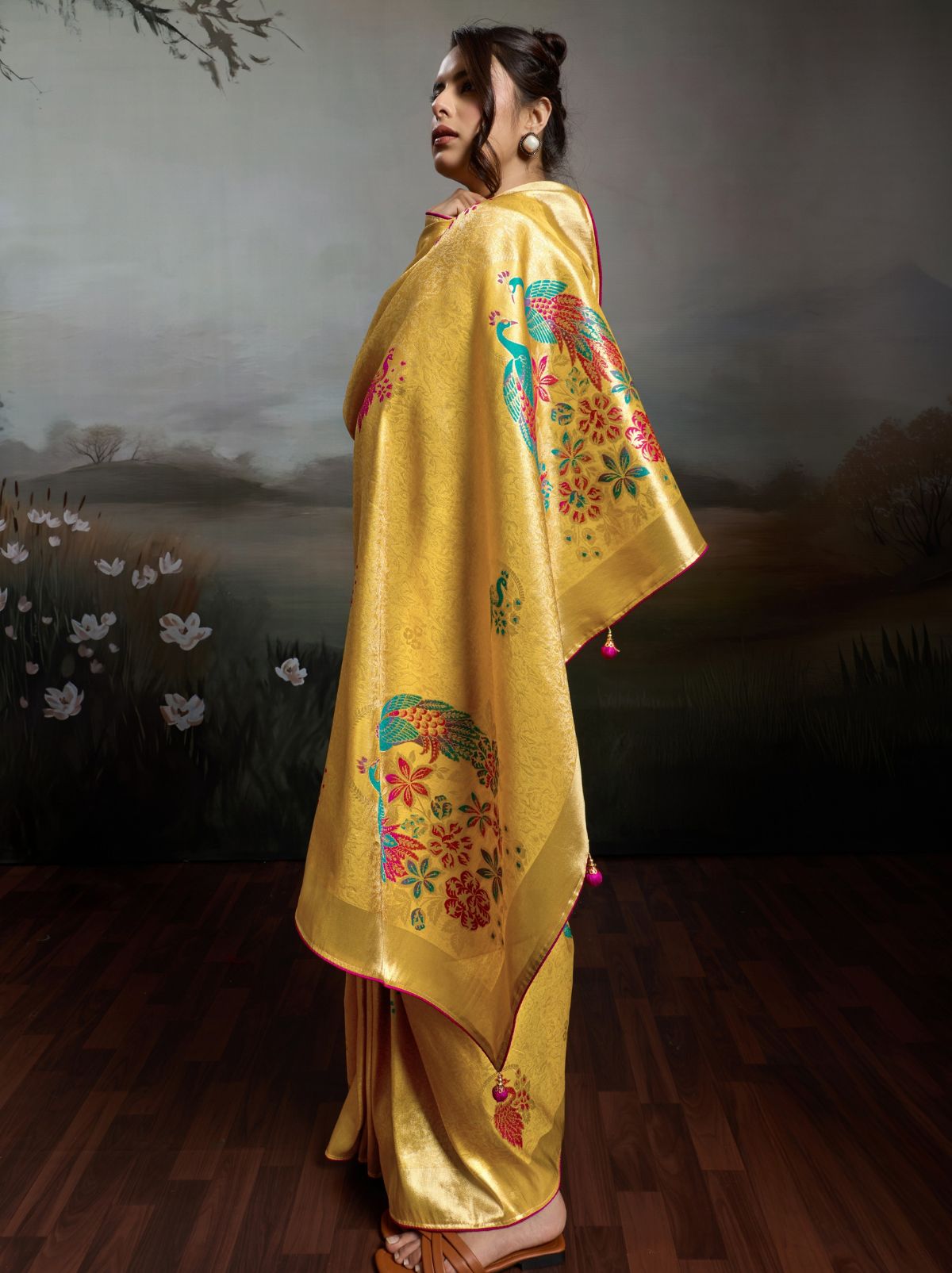 Golden Yellow Banarasi Silk Festive Saree With Embroidery Work