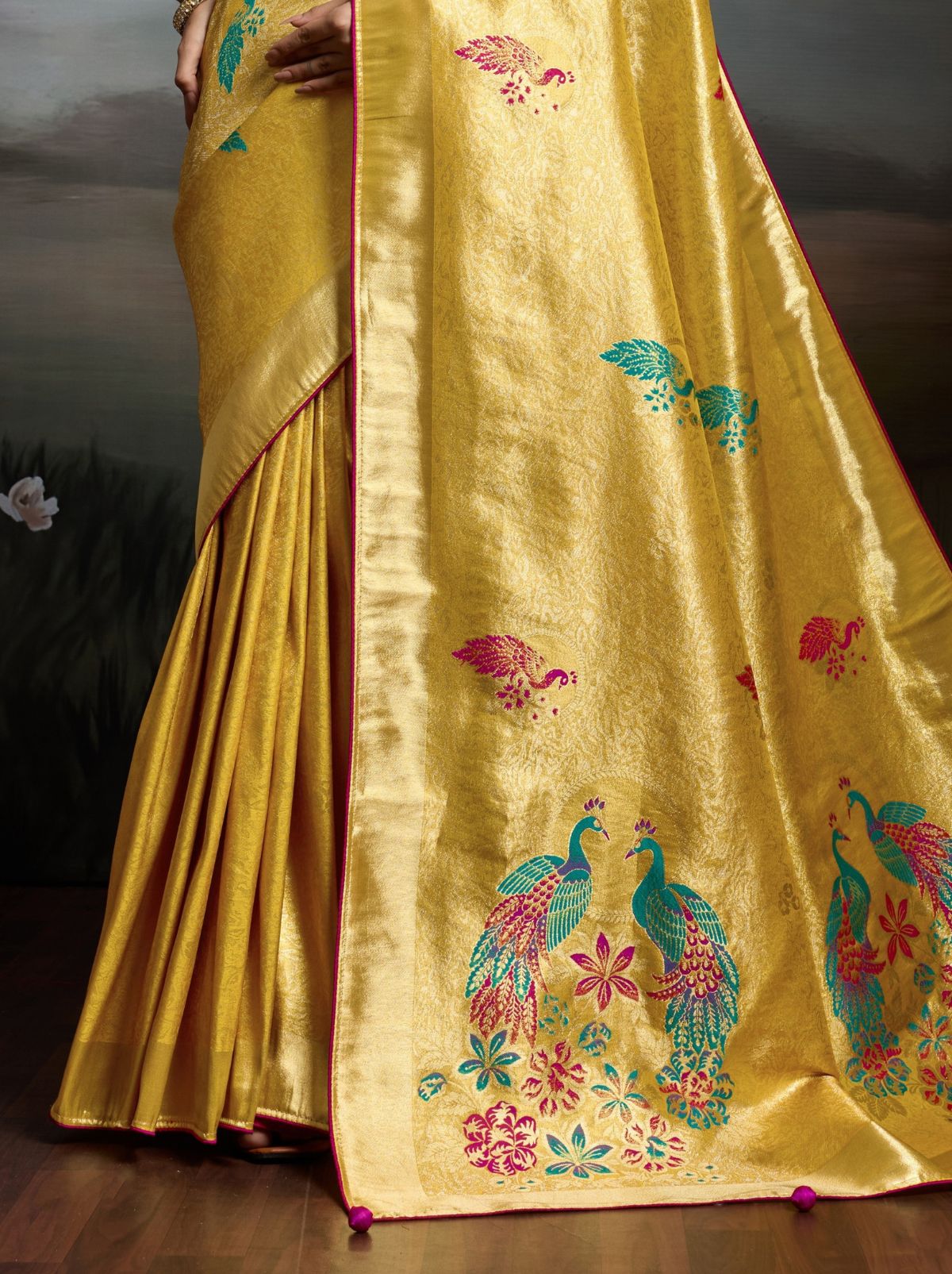 Golden Yellow Banarasi Silk Festive Saree With Embroidery Work