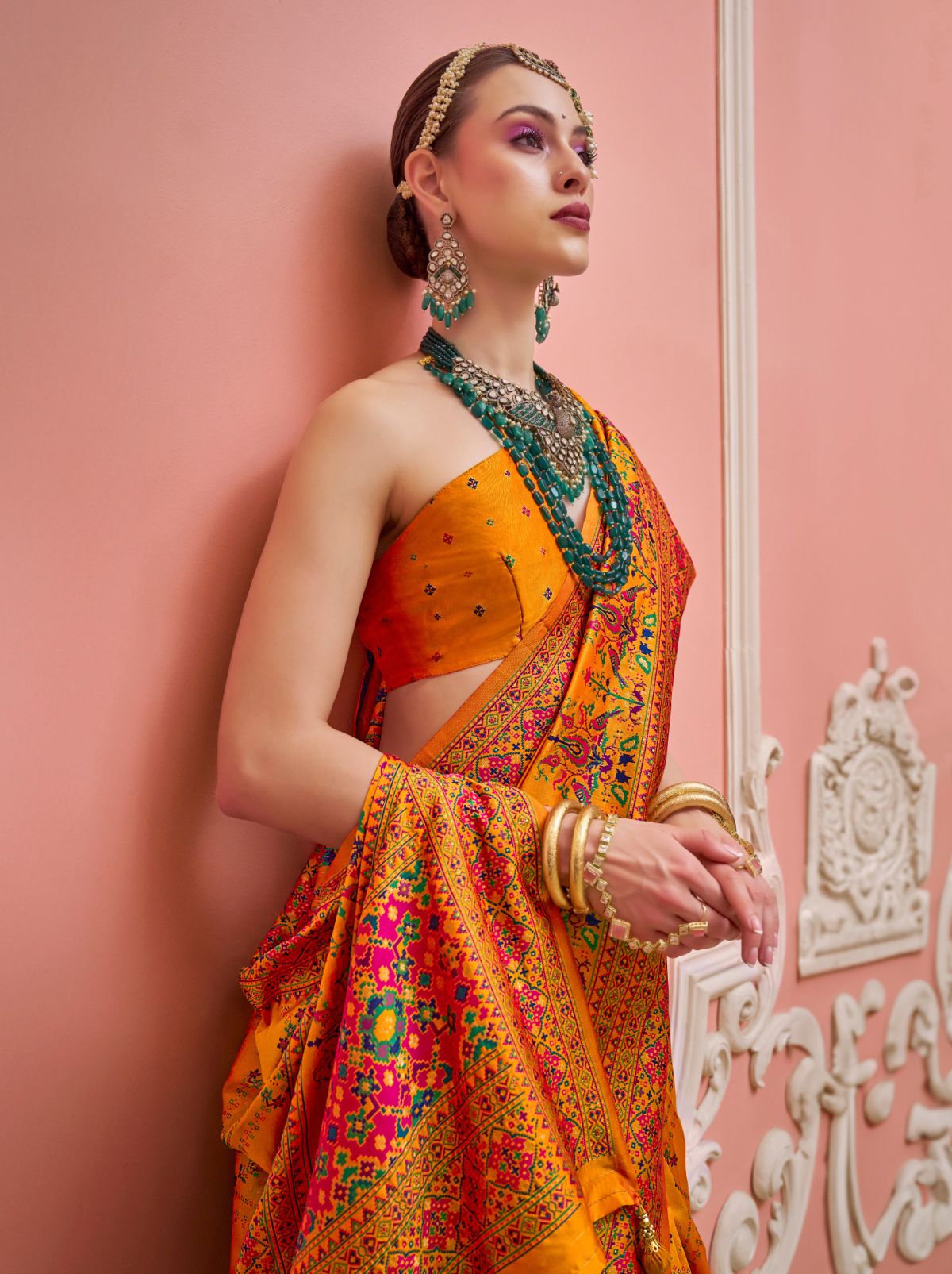 Apricot Orange Banarasi Silk Saree With Meenakari Work