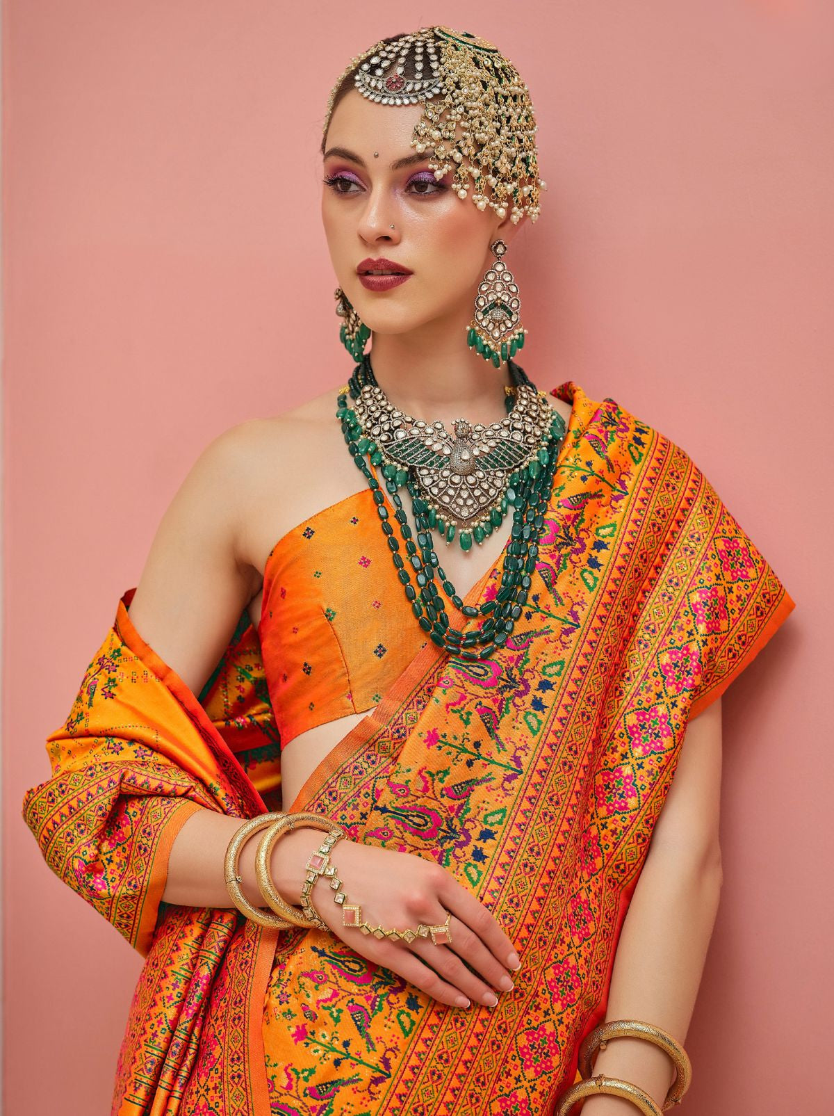 Apricot Orange Banarasi Silk Saree With Meenakari Work