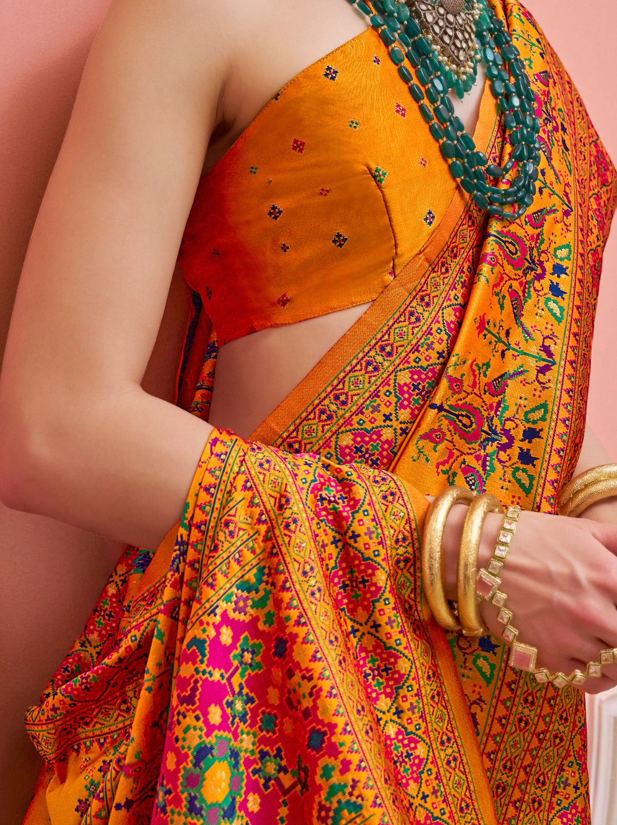 Apricot Orange Banarasi Silk Saree With Meenakari Work