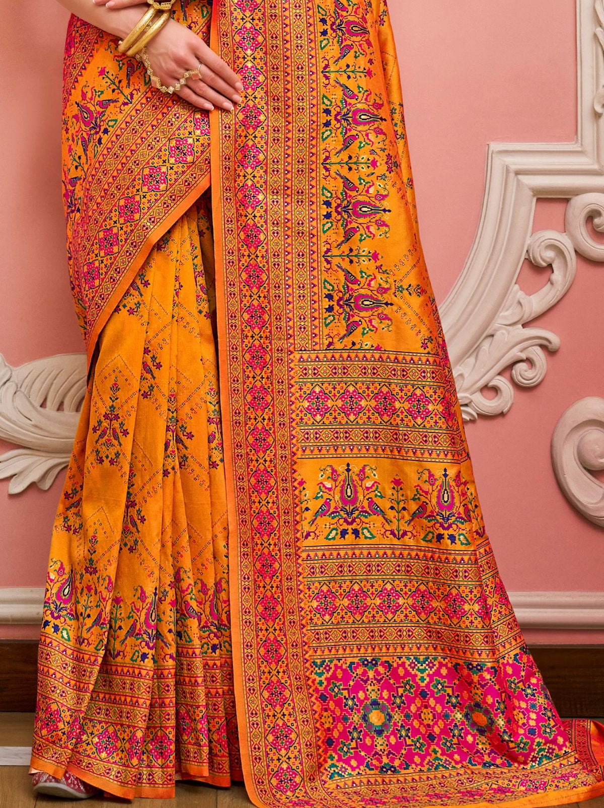 Apricot Orange Banarasi Silk Saree With Meenakari Work