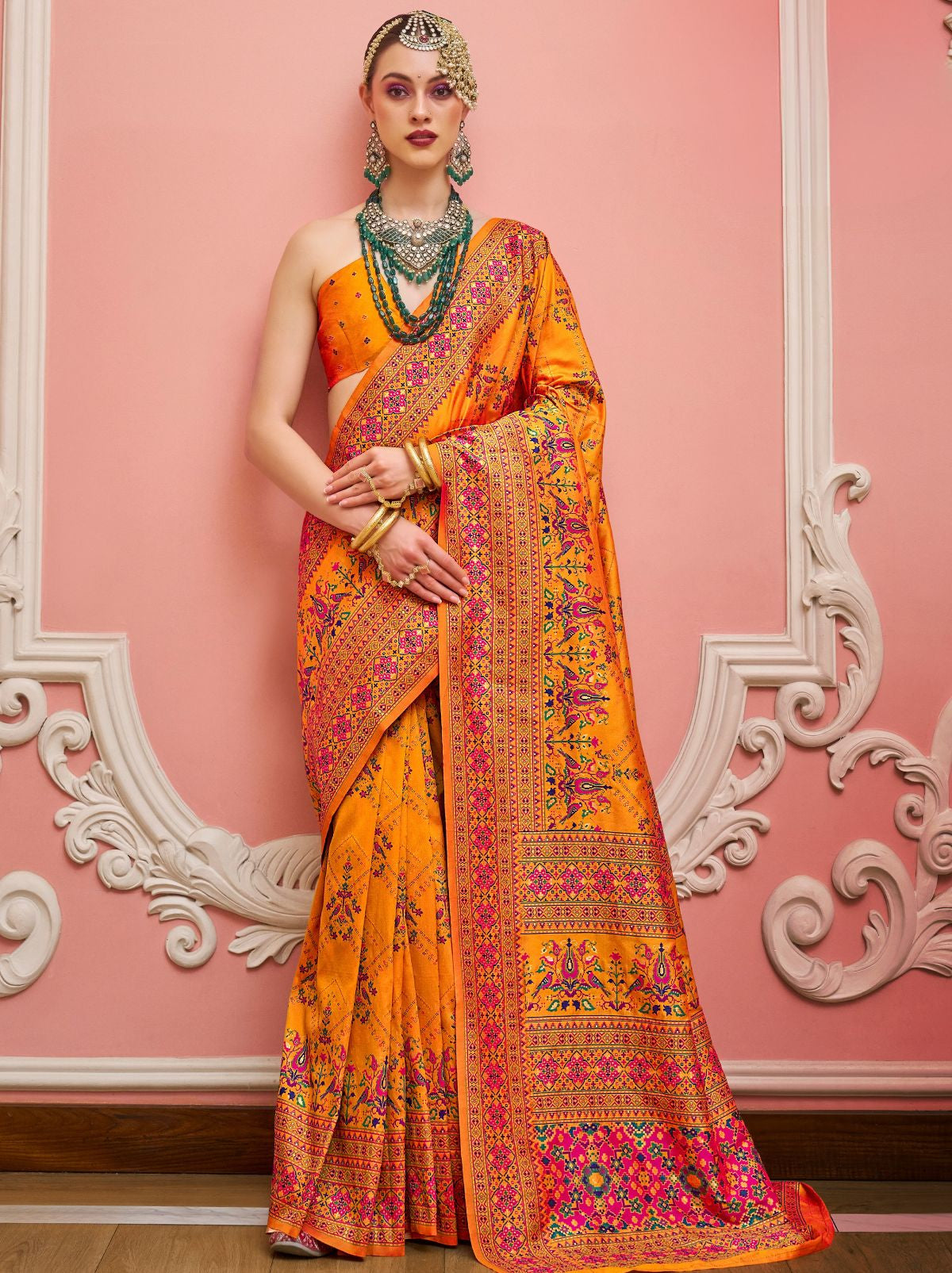 Apricot Orange Banarasi Silk Saree With Meenakari Work