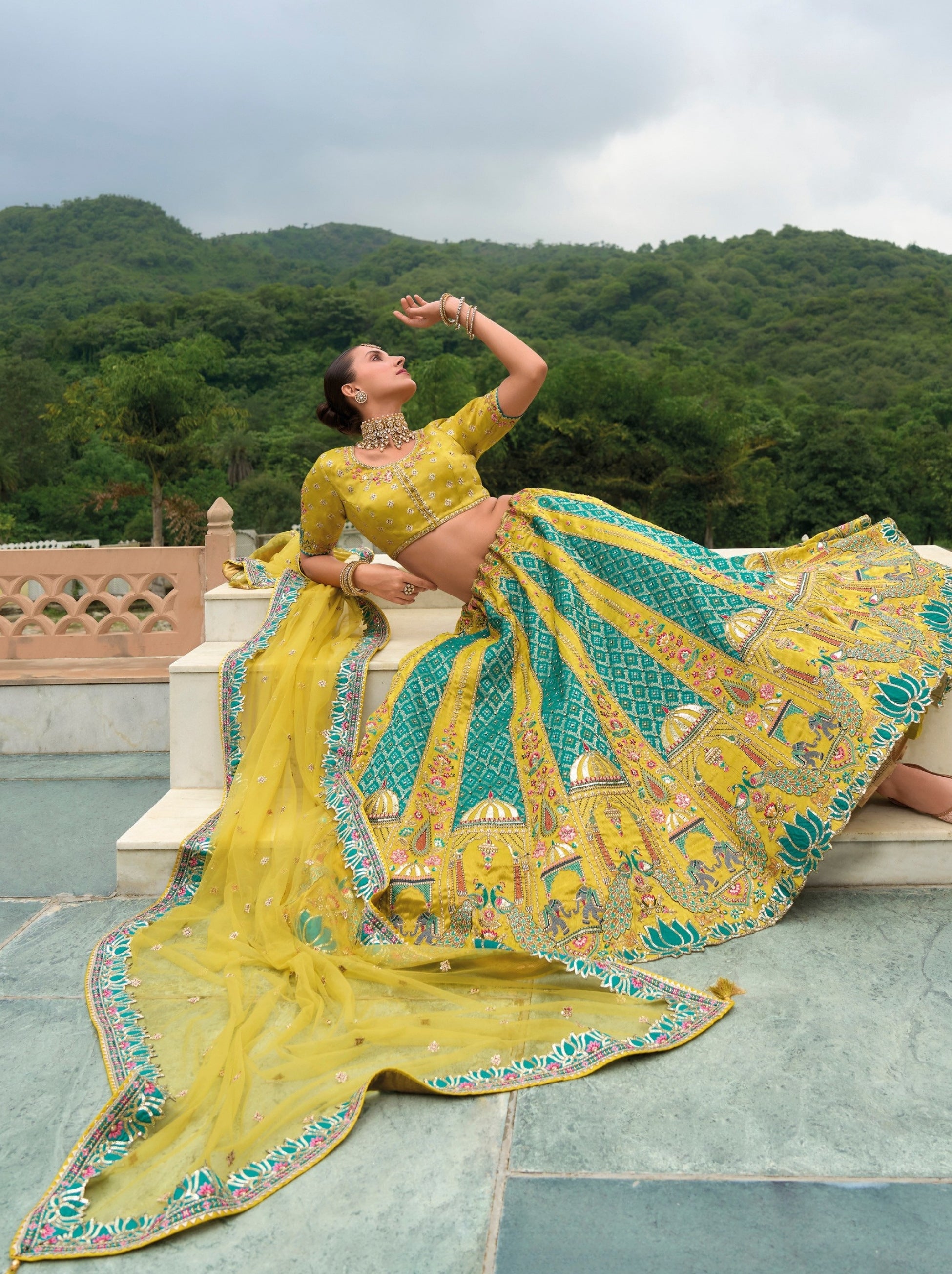 Citrine Yellow Wedding Lehenga Set With Patchwork And Sequin Work - TrendOye