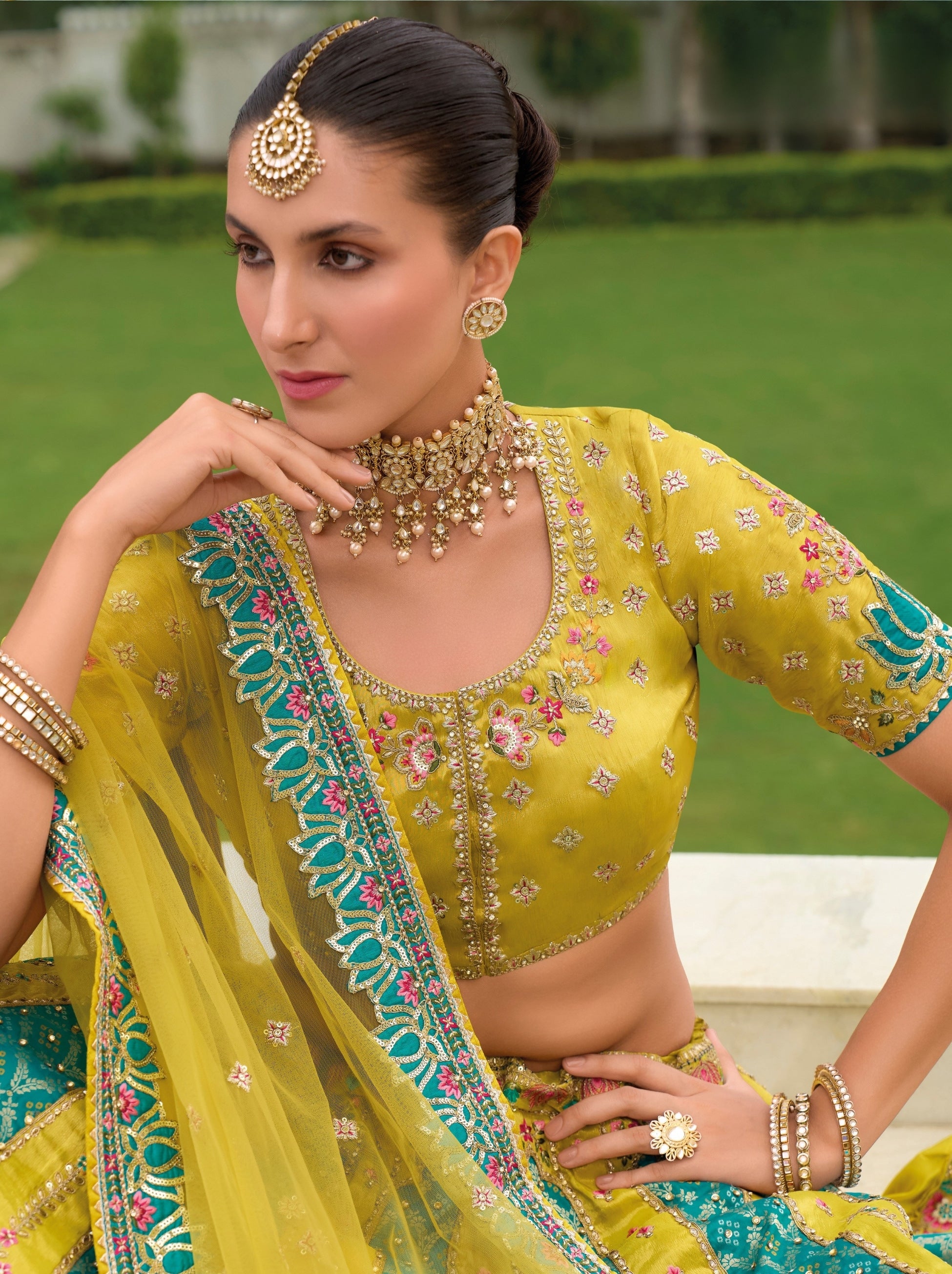 Citrine Yellow Wedding Lehenga Set With Patchwork And Sequin Work - TrendOye