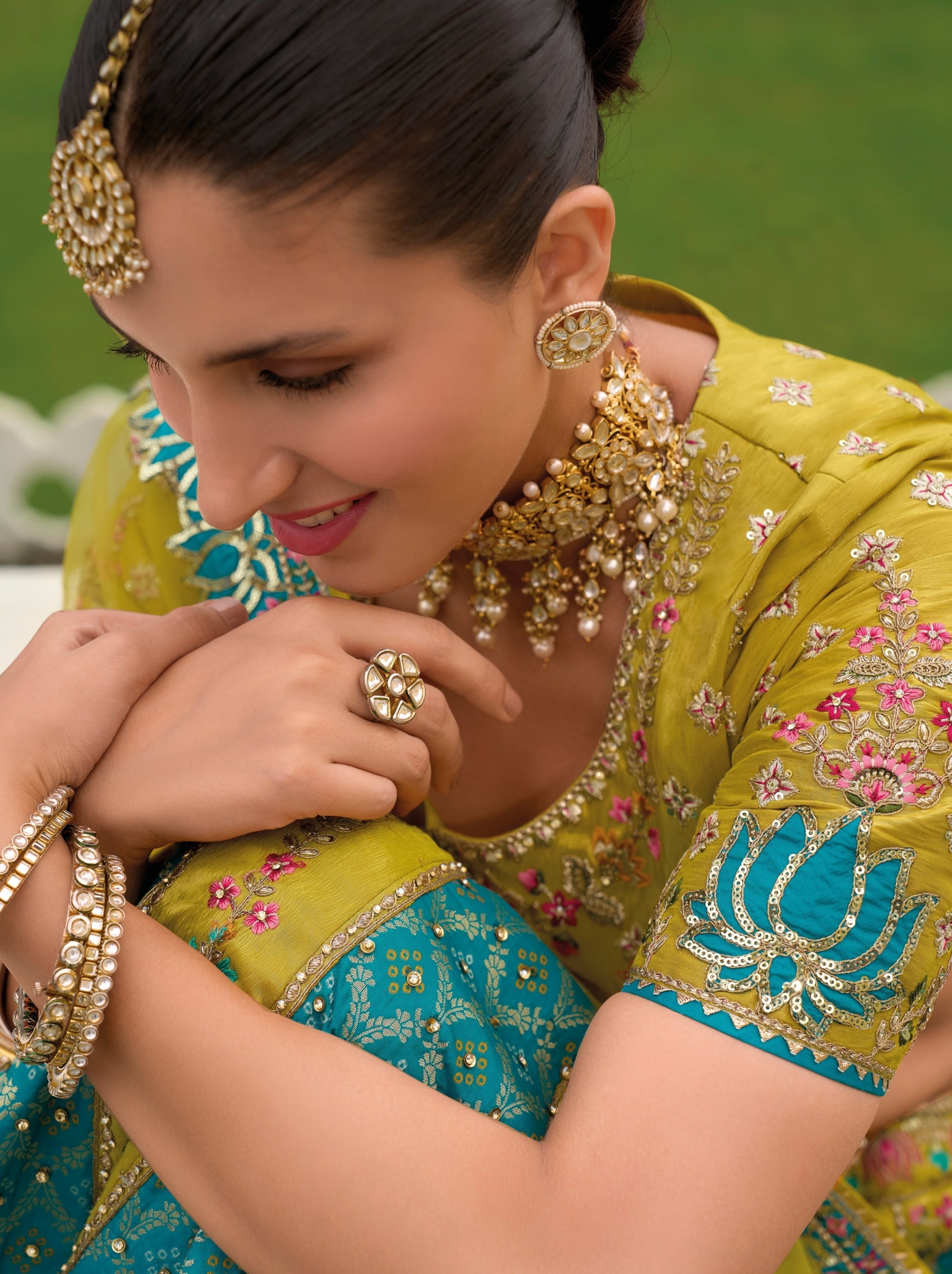 Citrine Yellow Wedding Lehenga Set With Patchwork And Sequin Work - TrendOye