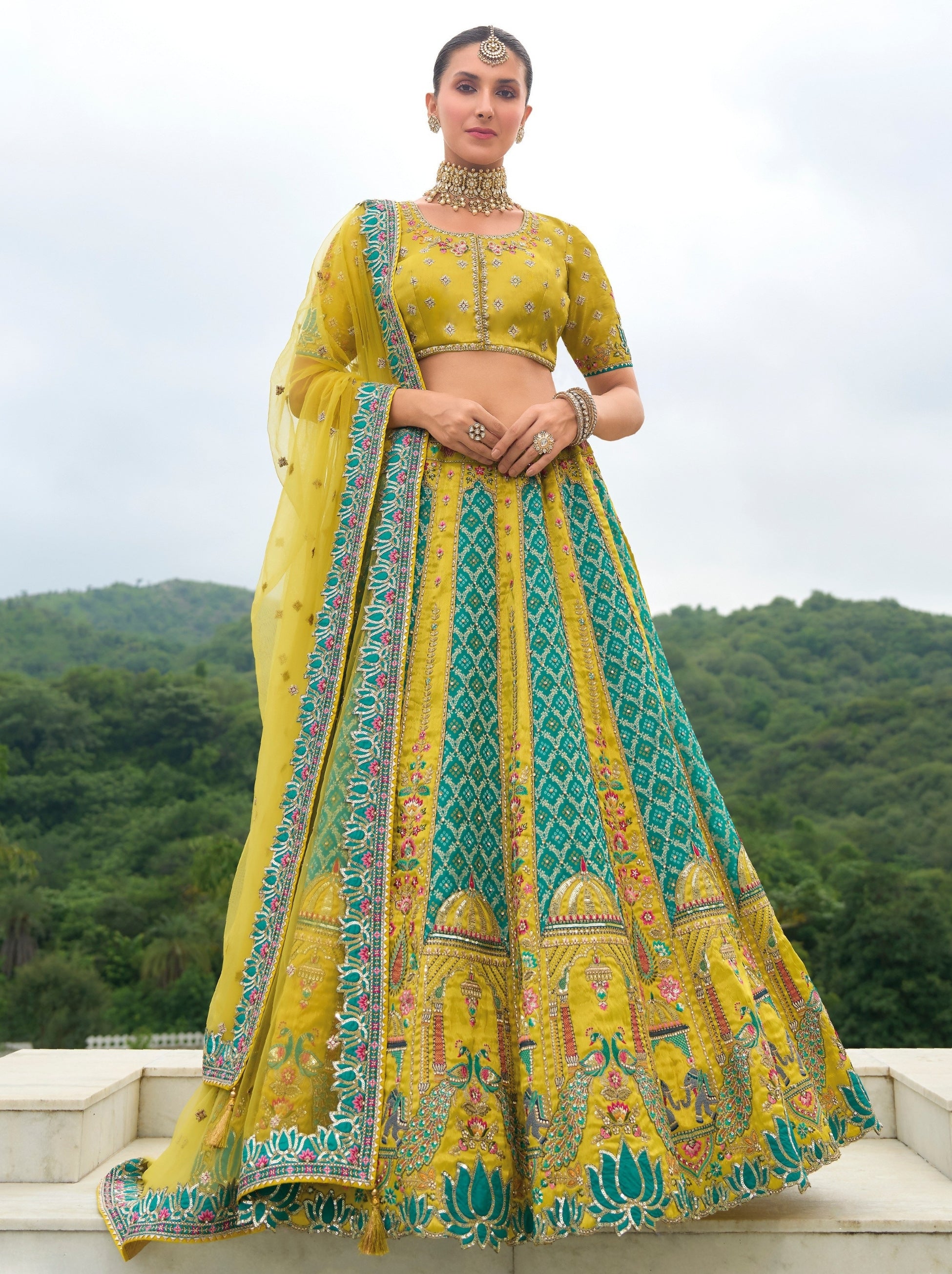 Citrine Yellow Wedding Lehenga Set With Patchwork And Sequin Work - TrendOye