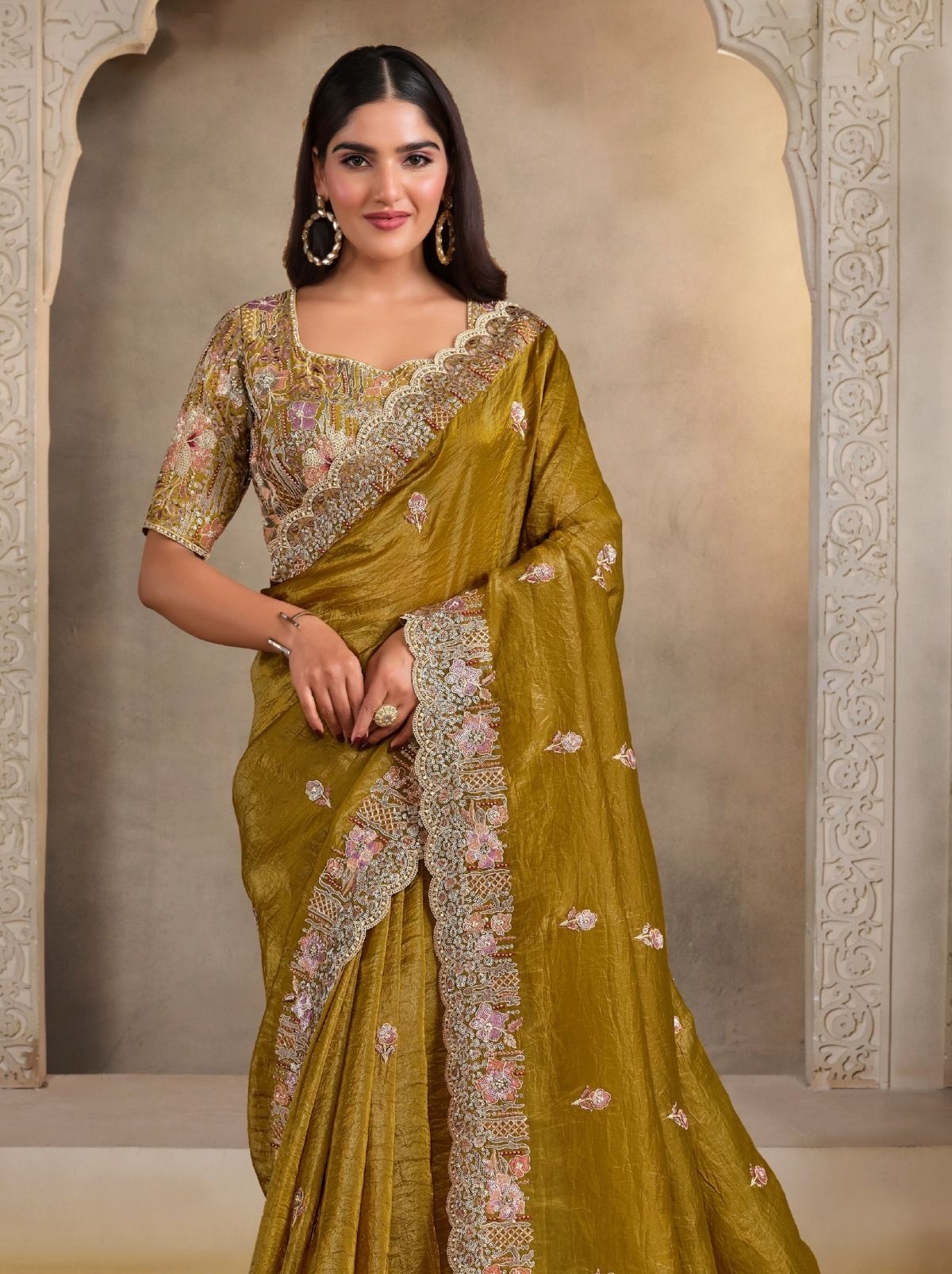 Flaxen Yellow Crush Paper Silk Saree With Pearl Work