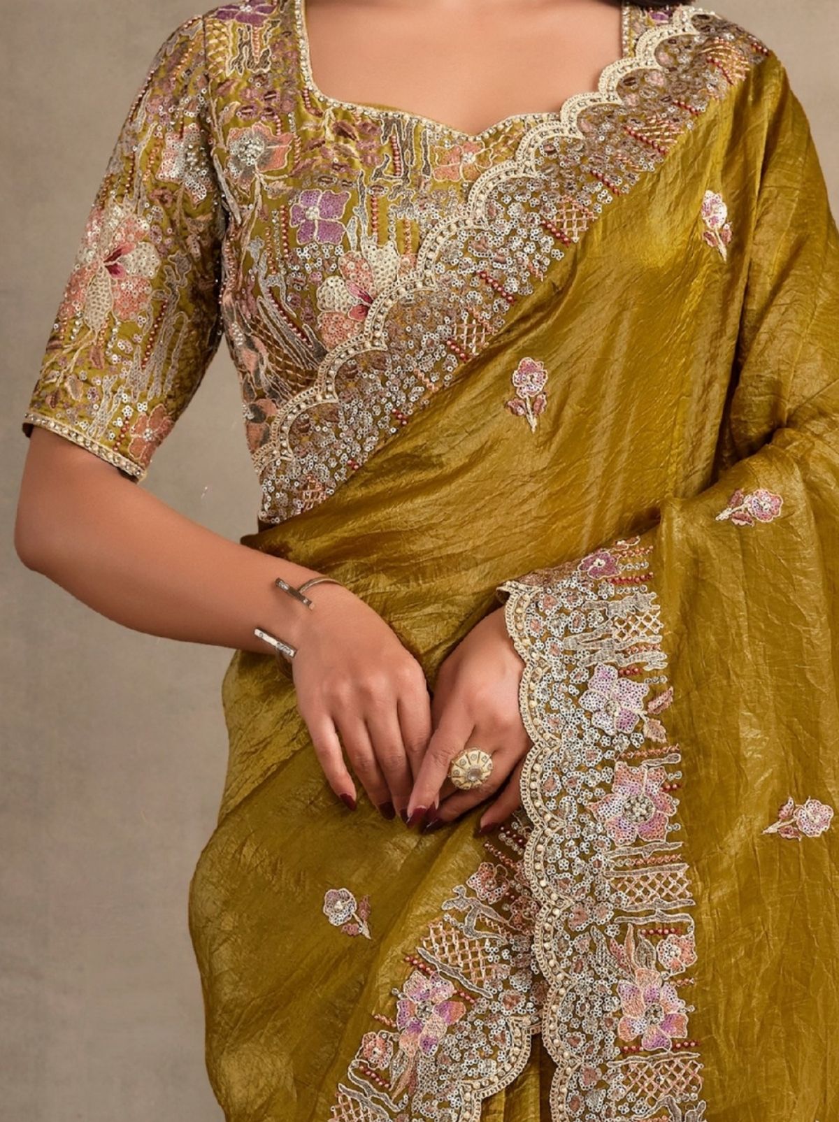 Flaxen Yellow Crush Paper Silk Saree With Pearl Work