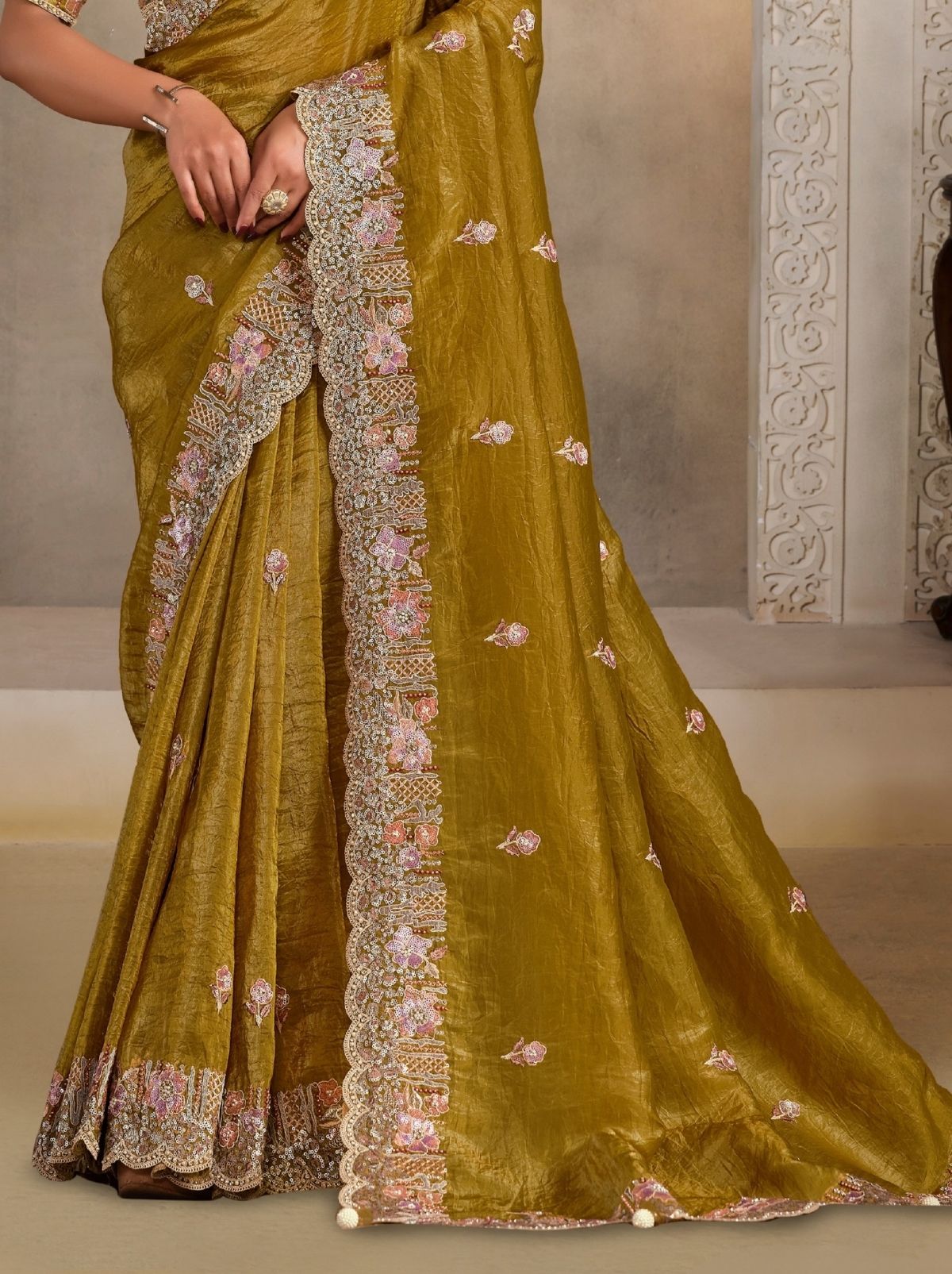 Flaxen Yellow Crush Paper Silk Saree With Pearl Work