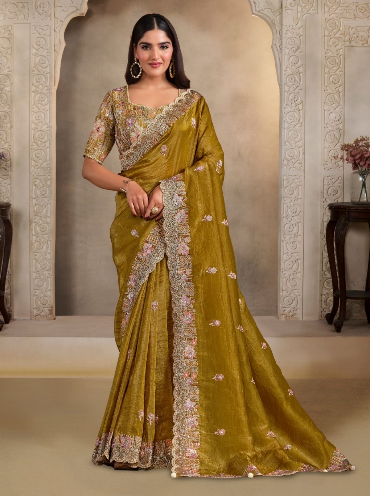 Flaxen Yellow Crush Paper Silk Saree With Pearl Work