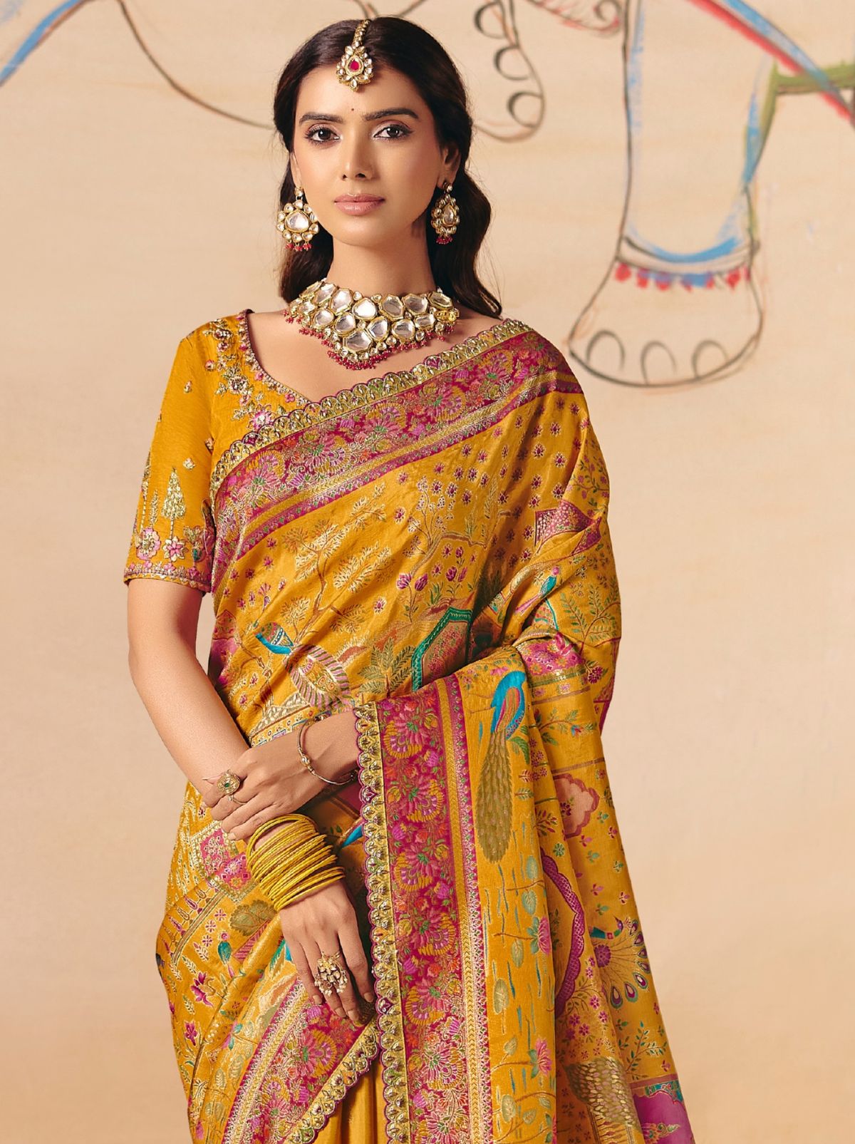 Corn Yellow Designer Dola Silk Saree with Embroidery