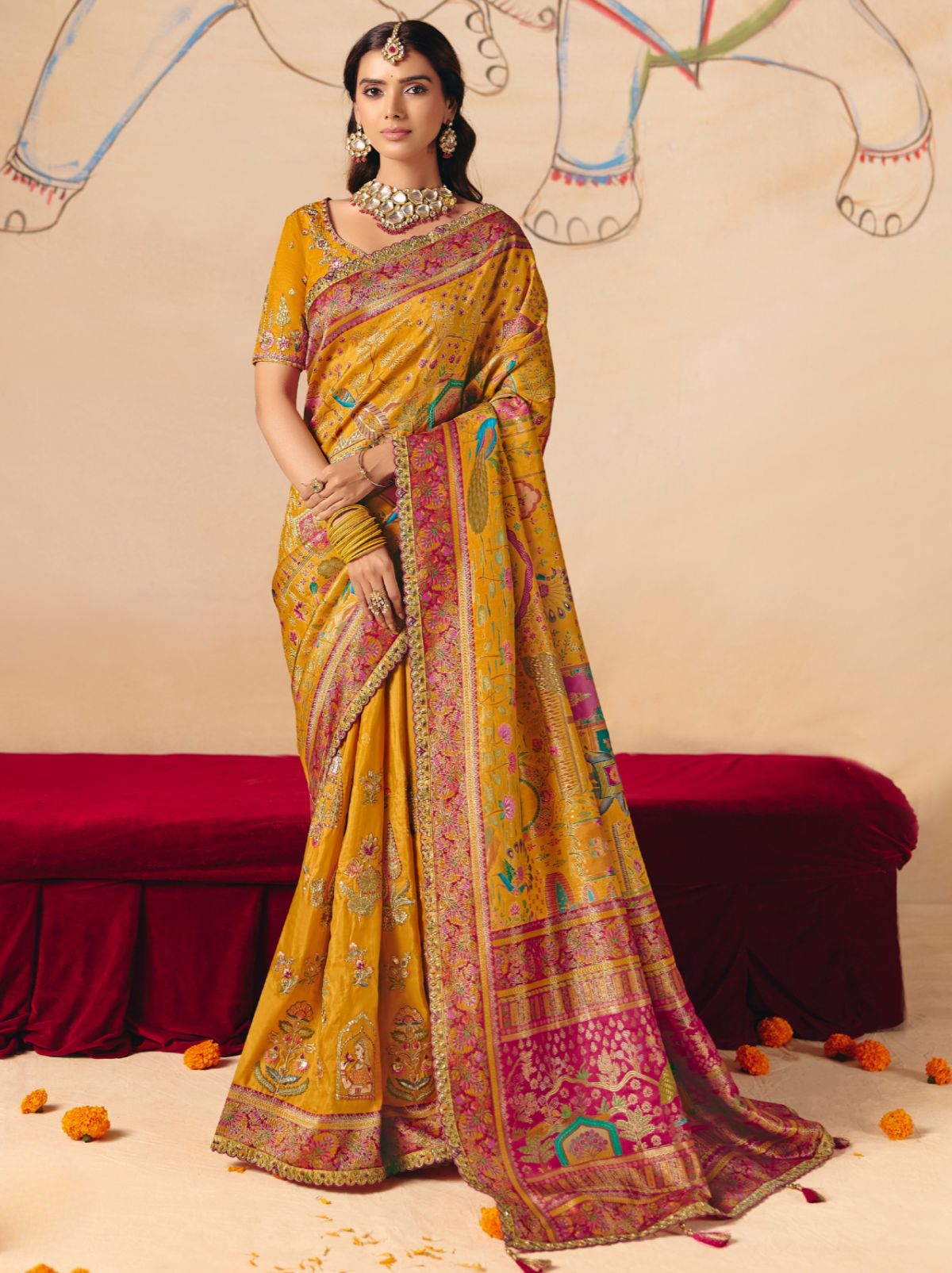 Corn Yellow Designer Dola Silk Saree with Embroidery