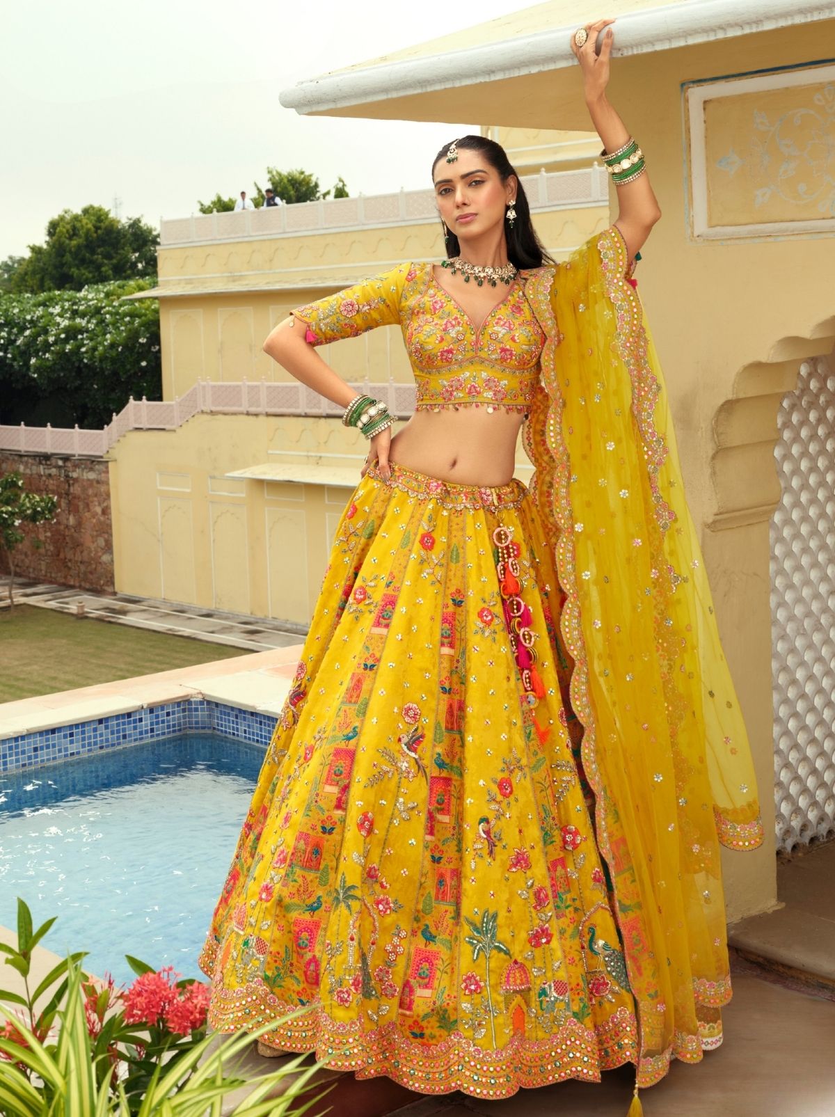 Mustard Yellow Designer Wedding Lehenga Set With Cut Work Border