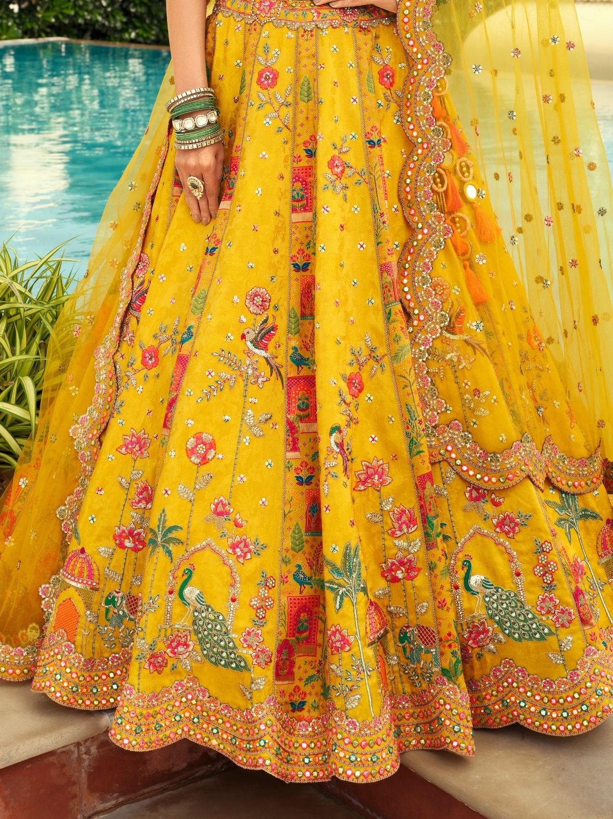 Mustard Yellow Designer Wedding Lehenga Set With Cut Work Border