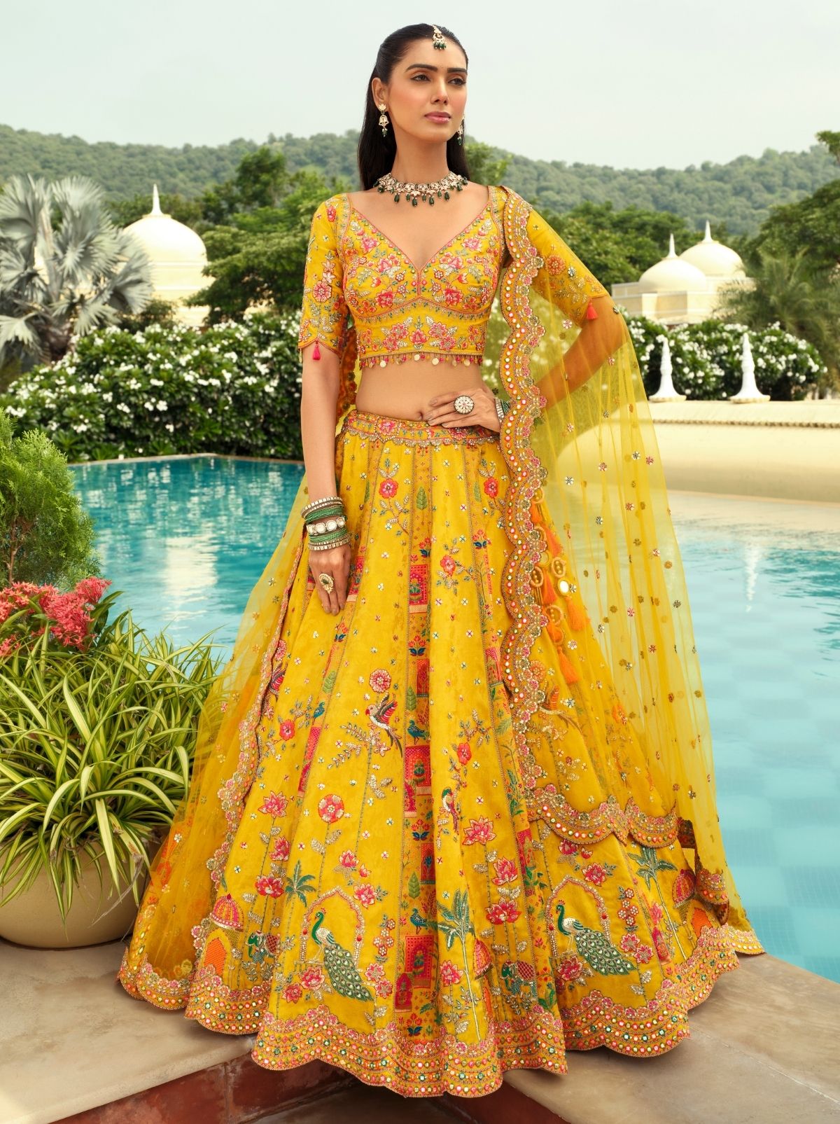 Mustard Yellow Designer Wedding Lehenga Set With Cut Work Border