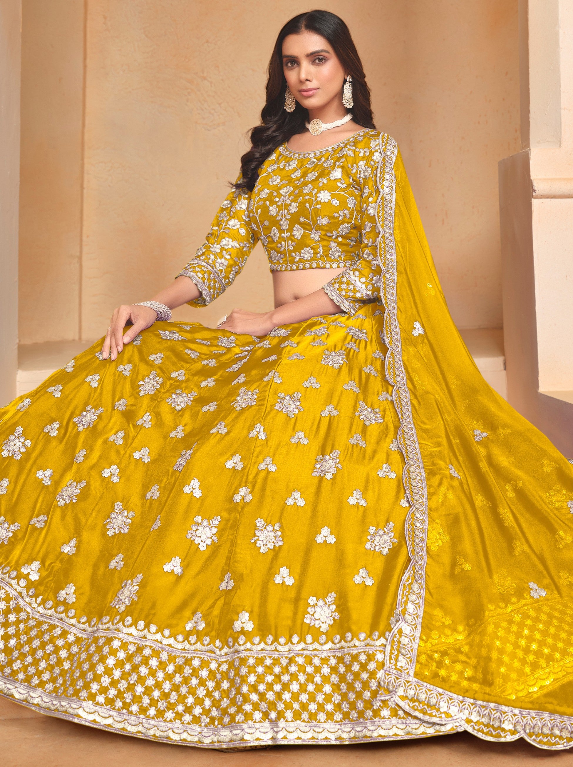 Corn Yellow Designer Party Lehenga Set With Sequin And Zari Work - TrendOye
