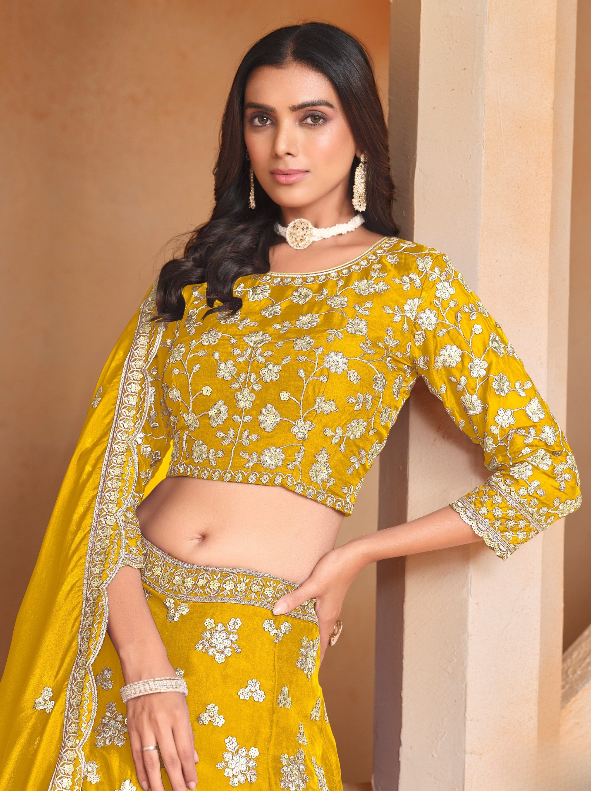 Corn Yellow Designer Party Lehenga Set With Sequin And Zari Work - TrendOye