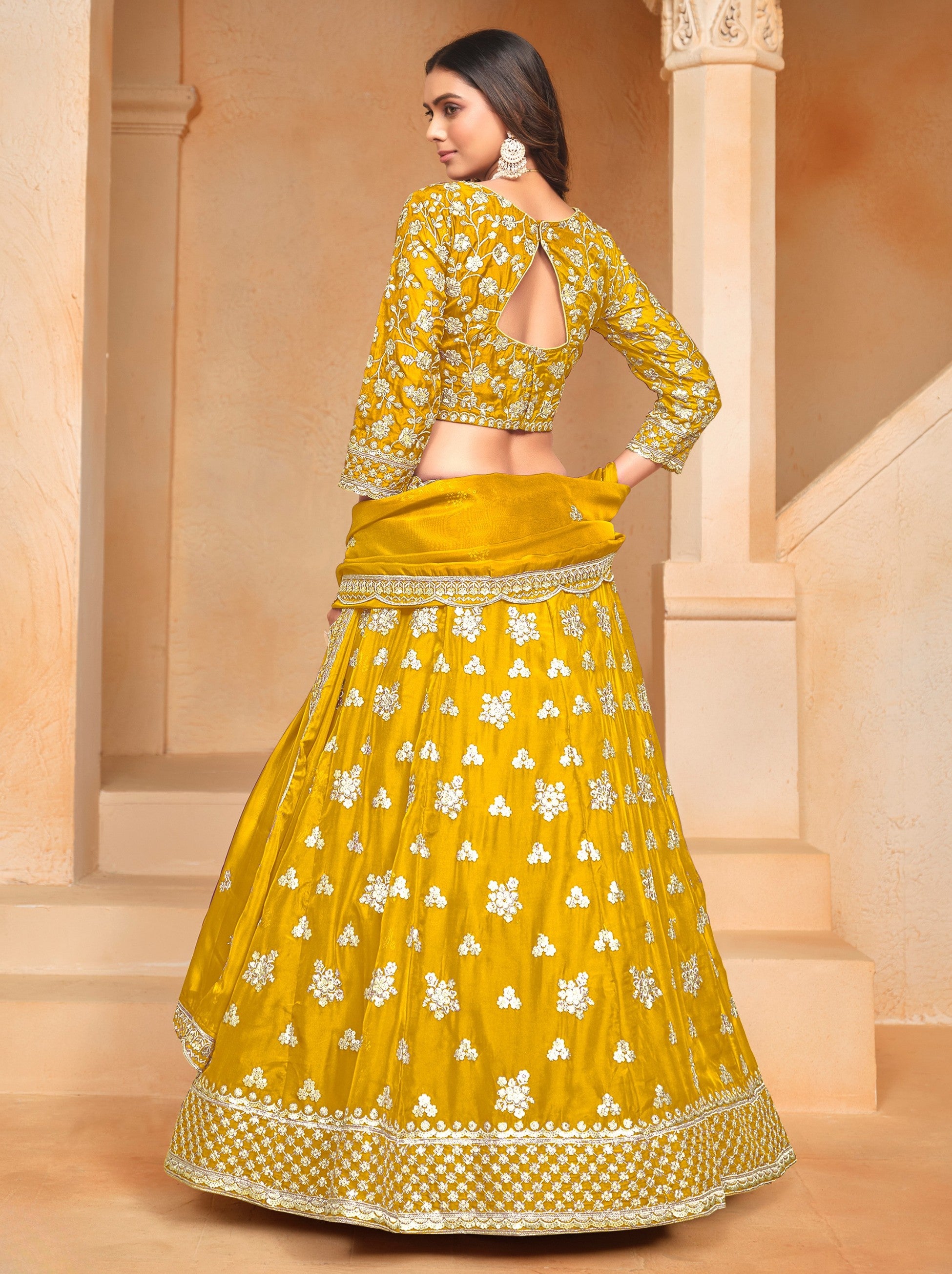 Corn Yellow Designer Party Lehenga Set With Sequin And Zari Work - TrendOye