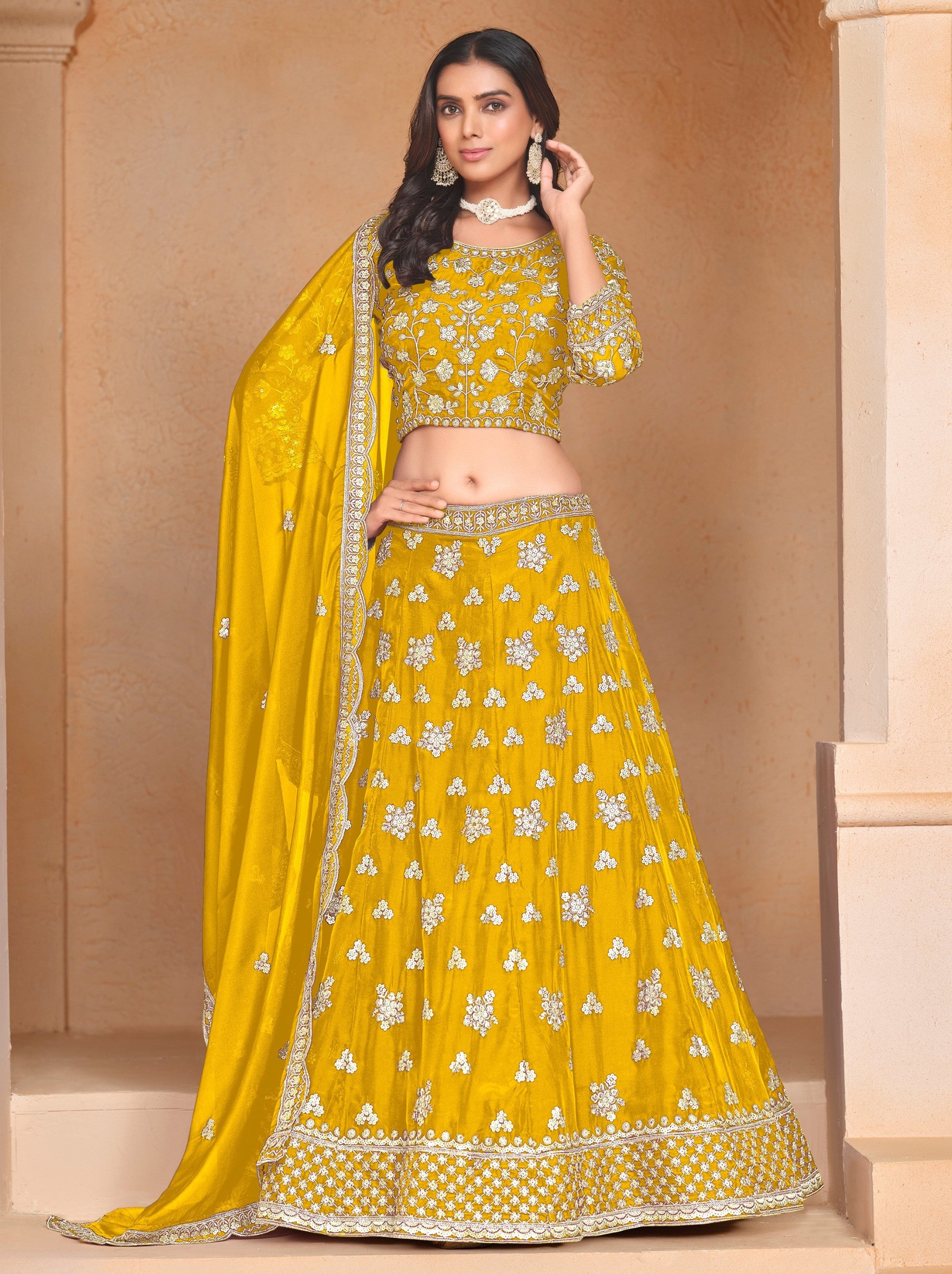 Corn Yellow Designer Party Lehenga Set With Sequin And Zari Work - TrendOye