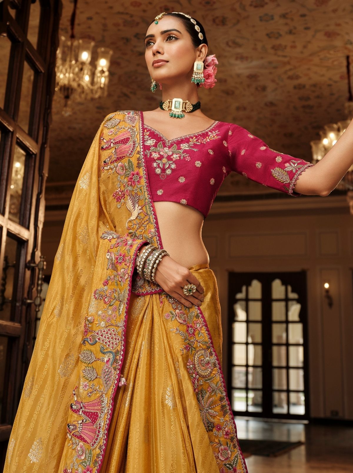 Mustard Yellow Elegant Designer Wedding Wear Saree With Blouse Piece - TrendOye