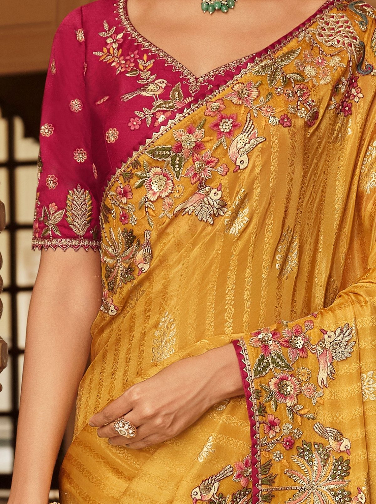 Mustard Yellow Elegant Designer Wedding Wear Saree With Blouse Piece - TrendOye