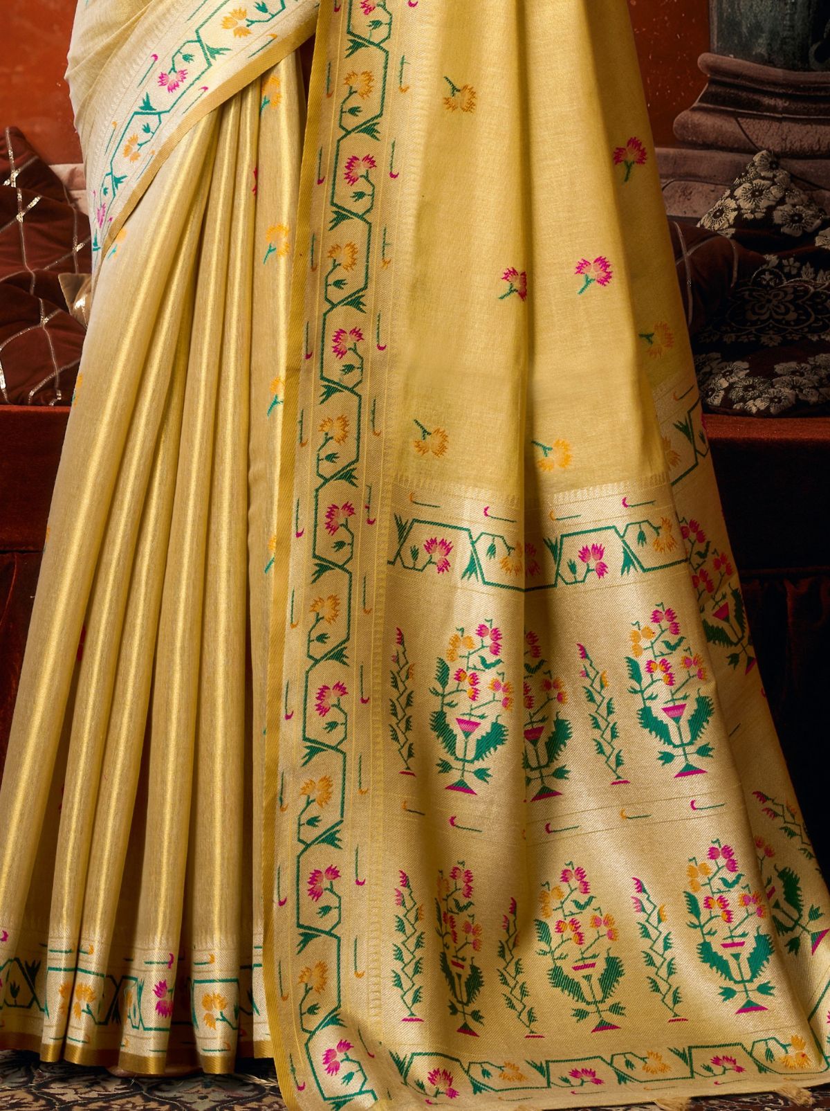 Pastel Yellow Elegant Tissue Silk Saree With Paithani Pallu