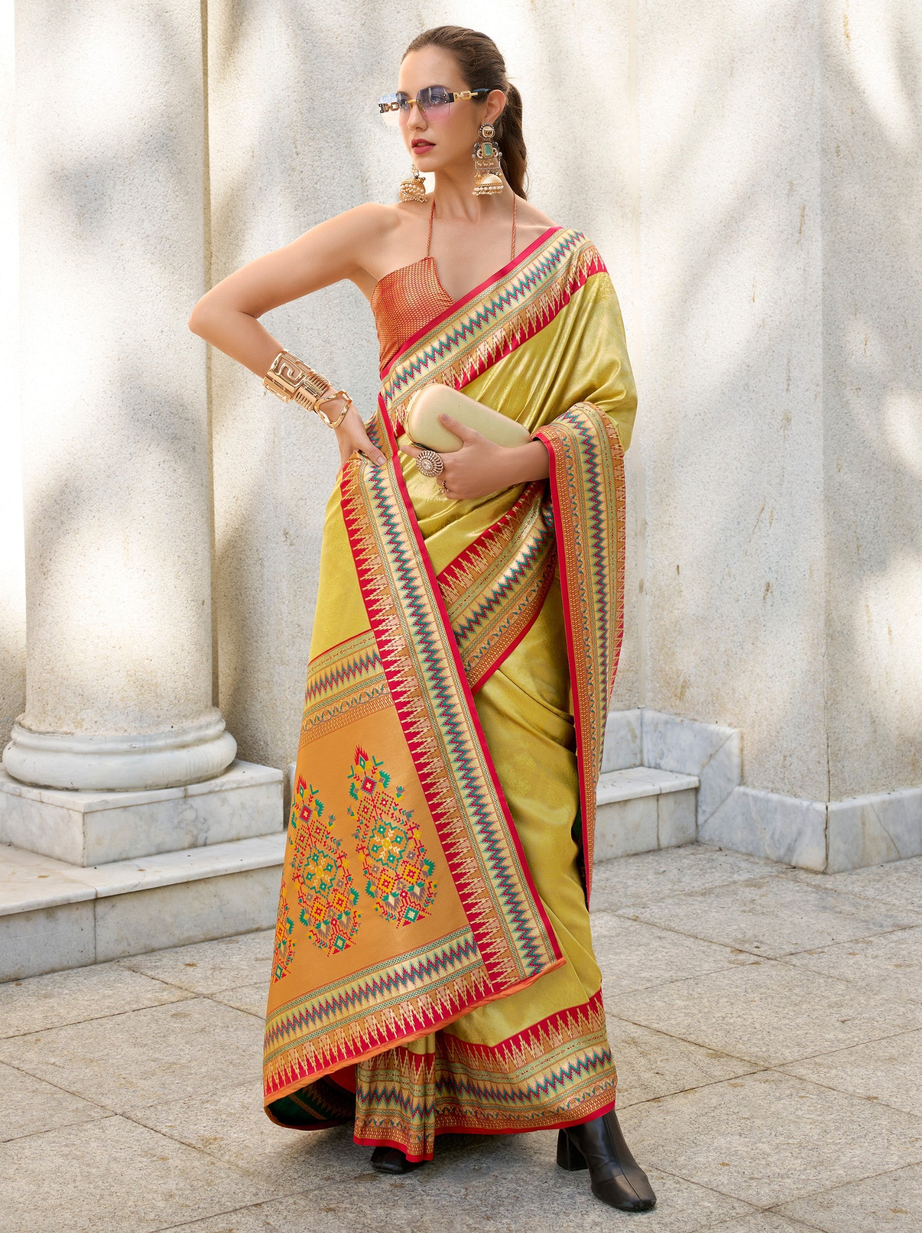 Tuscany Yellow Tissue Celebration Saree - TrendOye