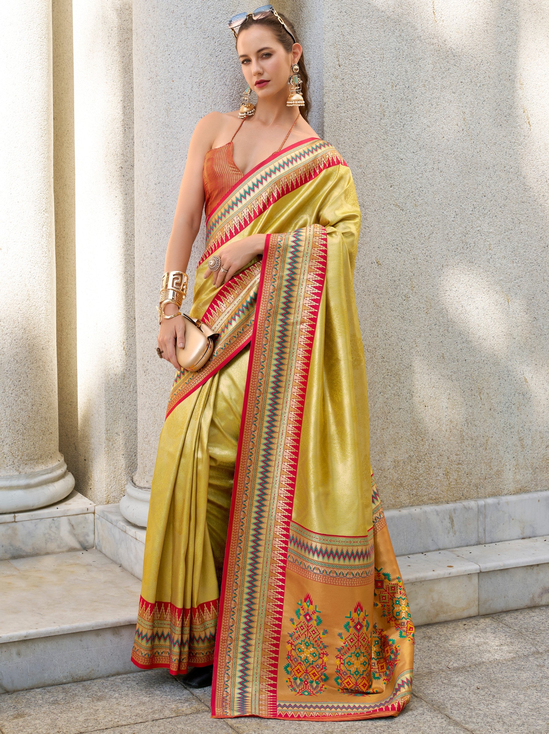 Tuscany Yellow Tissue Celebration Saree - TrendOye